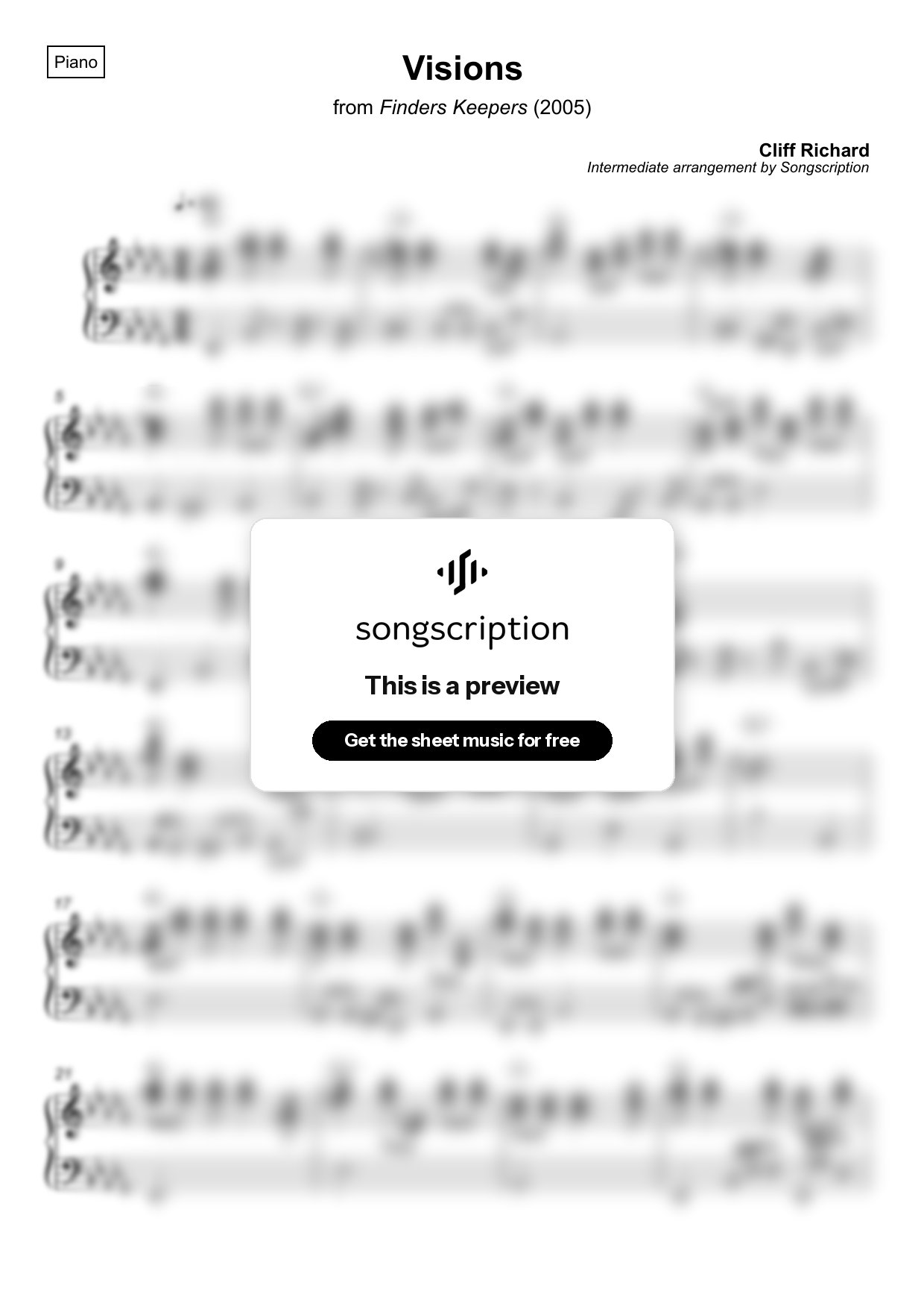Intermediate Piano Sheet Music for "Visions" by Cliff Richard