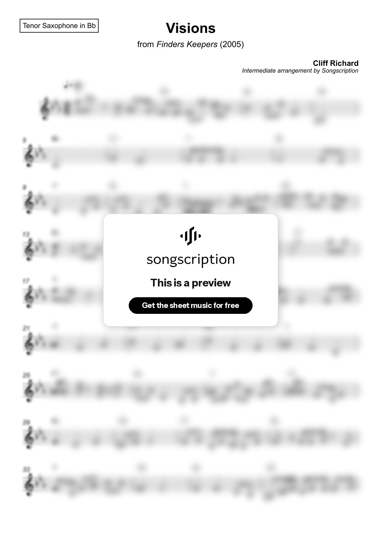 Intermediate Tenor Sax Sheet Music for "Visions" by Cliff Richard
