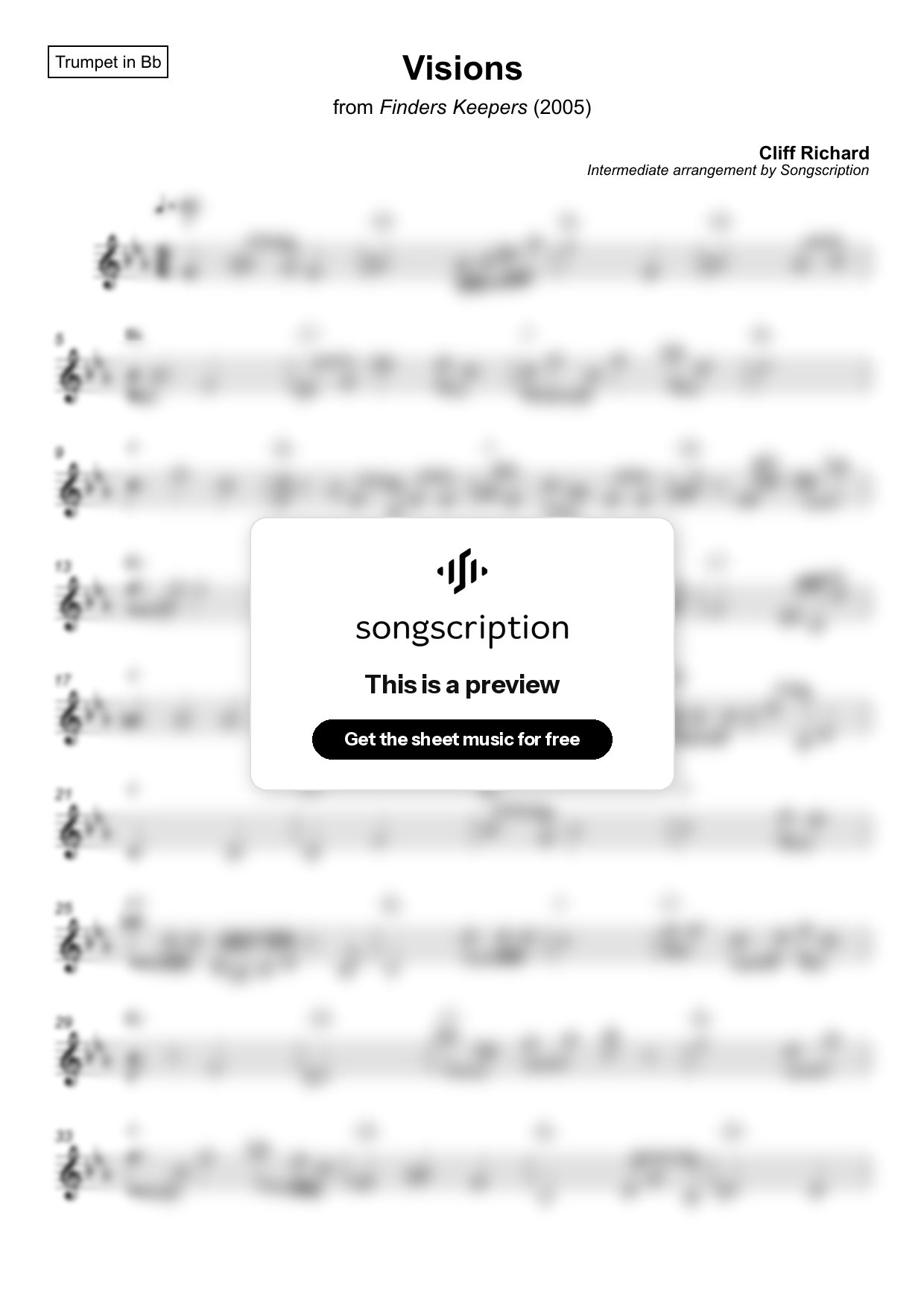 Intermediate Trumpet Sheet Music for "Visions" by Cliff Richard