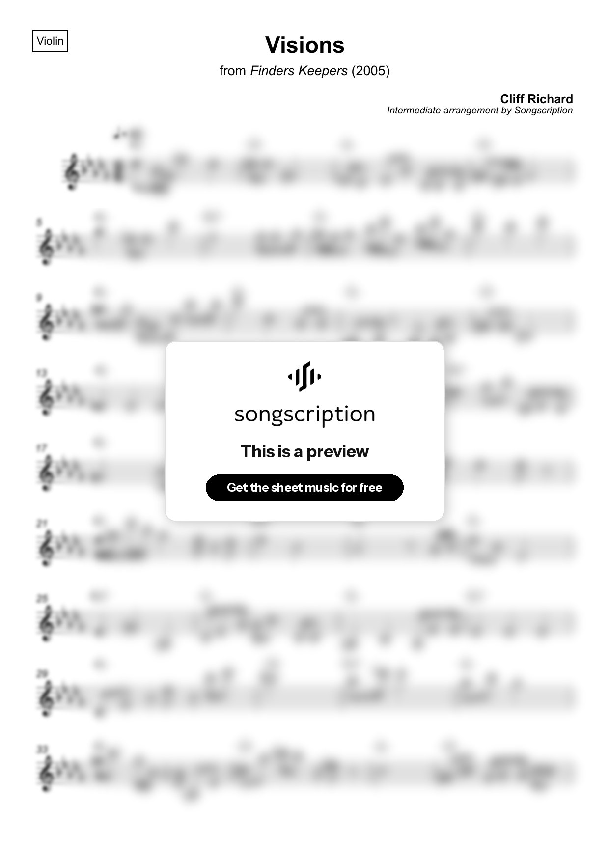 Intermediate Violin Sheet Music for "Visions" by Cliff Richard
