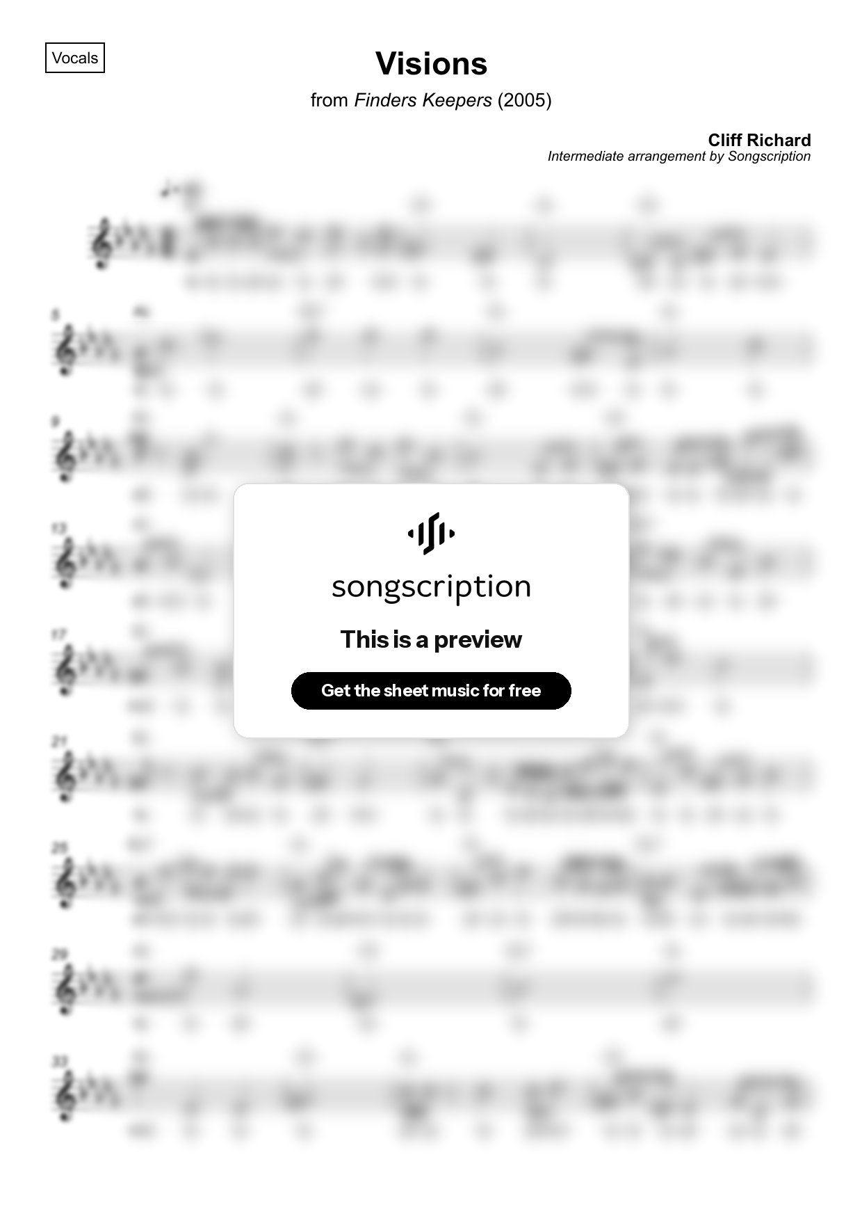 Intermediate Vocals Sheet Music for "Visions" by Cliff Richard