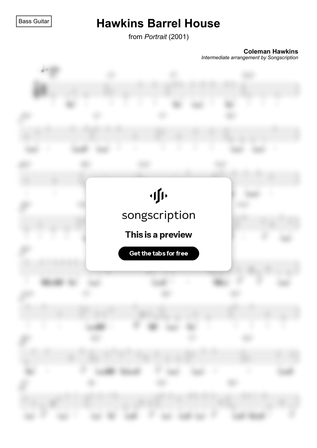 Intermediate Bass Guitar Tabs for "Hawkins Barrel House" by Coleman Hawkins