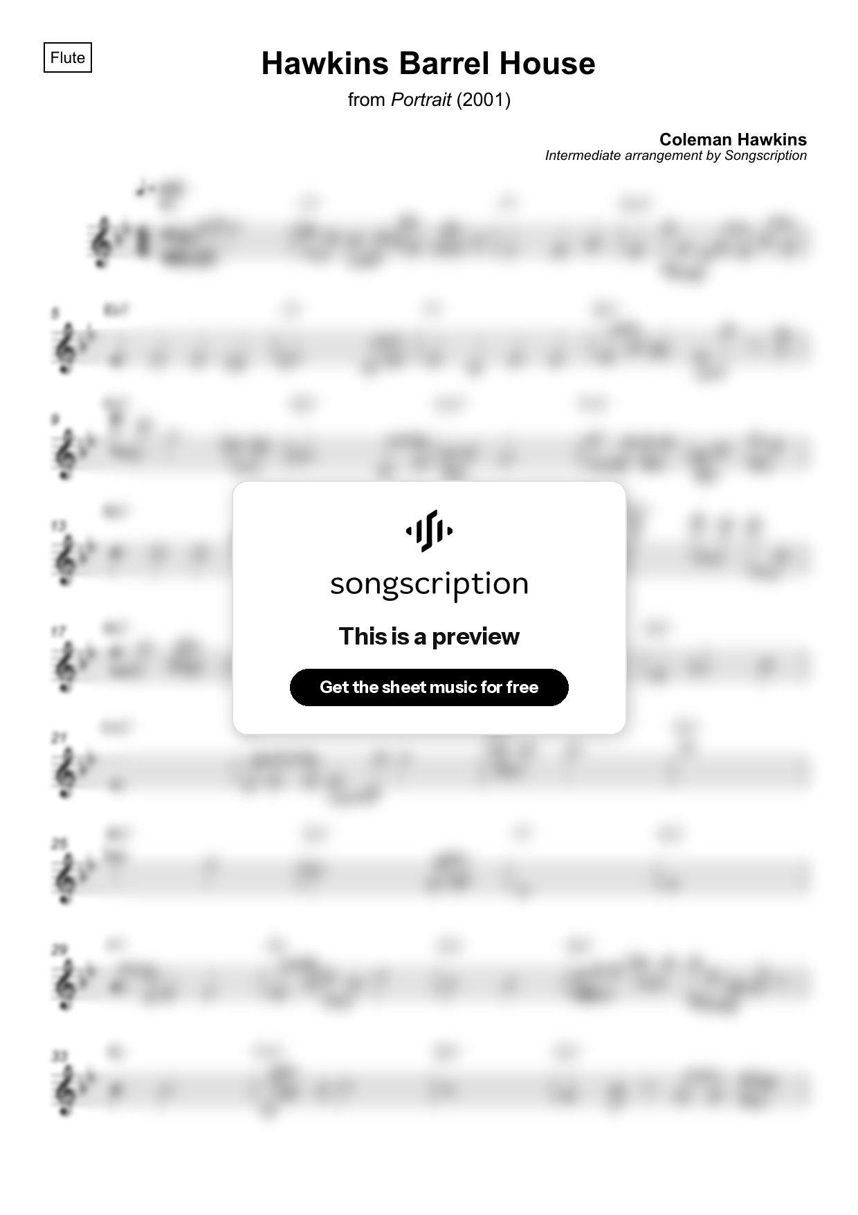 Intermediate Flute Sheet Music for "Hawkins Barrel House" by Coleman Hawkins