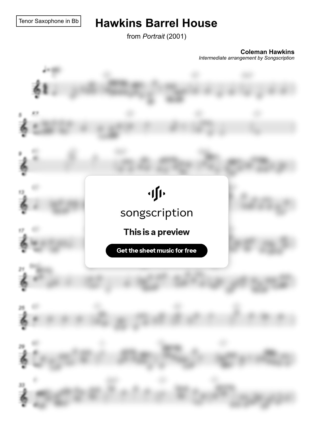 Intermediate Tenor Sax Sheet Music for "Hawkins Barrel House" by Coleman Hawkins