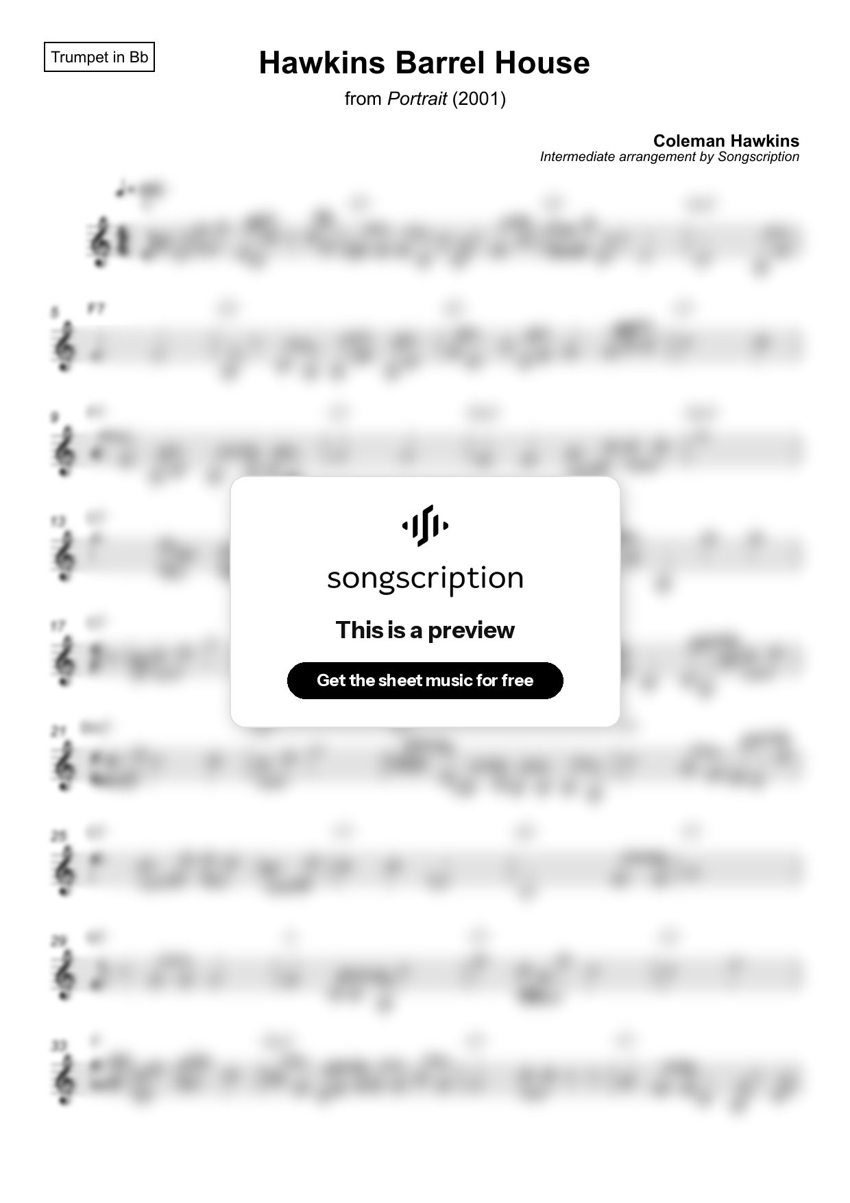 Intermediate Trumpet Sheet Music for "Hawkins Barrel House" by Coleman Hawkins