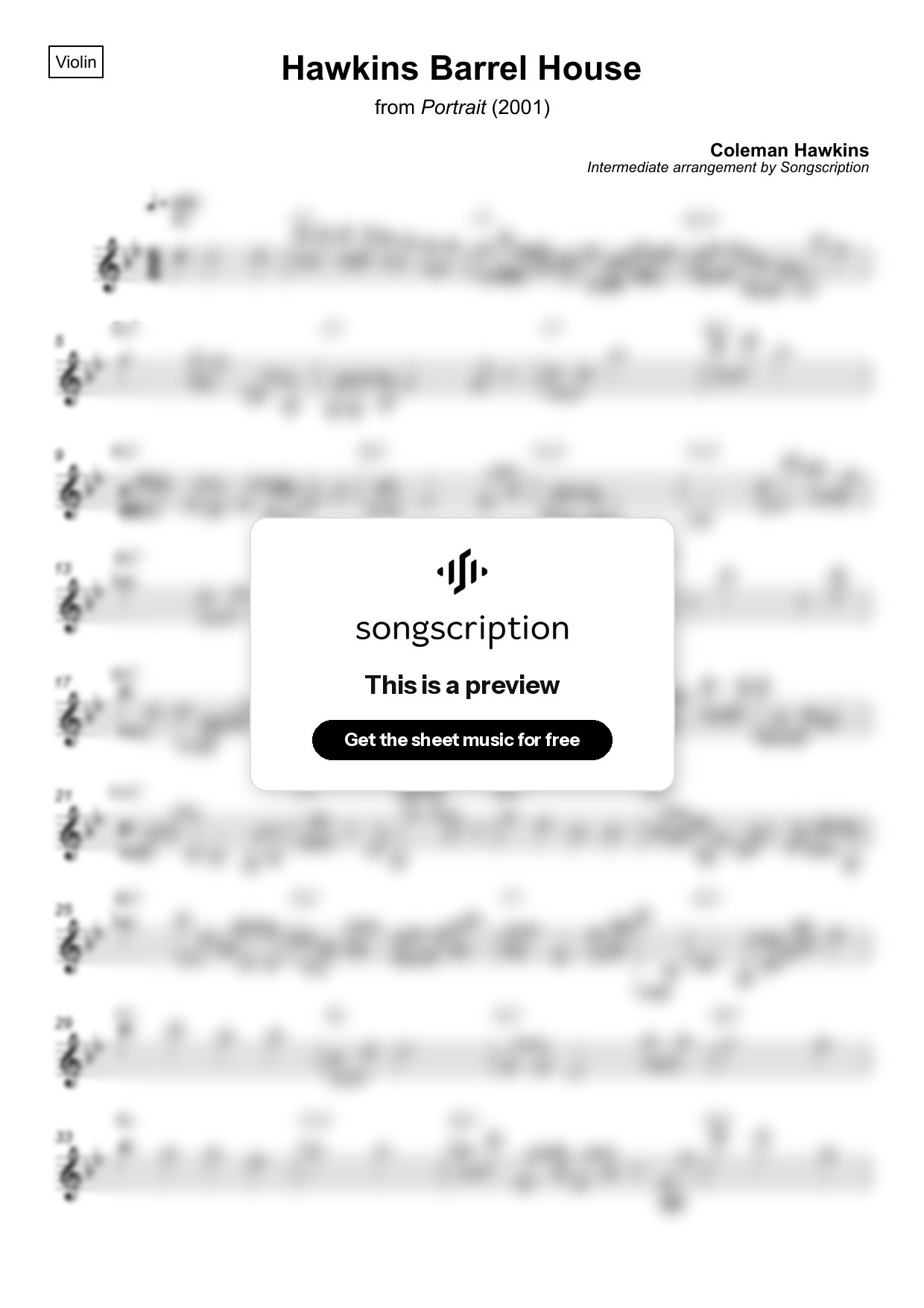 Intermediate Violin Sheet Music for "Hawkins Barrel House" by Coleman Hawkins