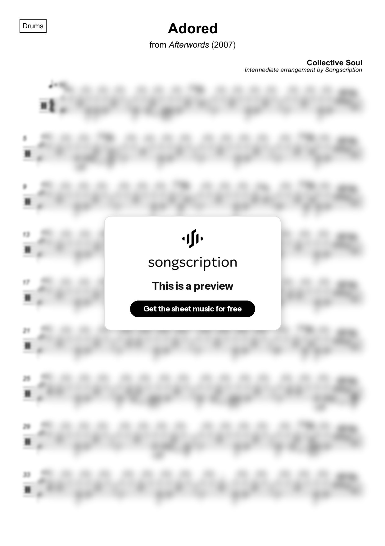 Intermediate Drums Sheet Music for "Adored" by Collective Soul