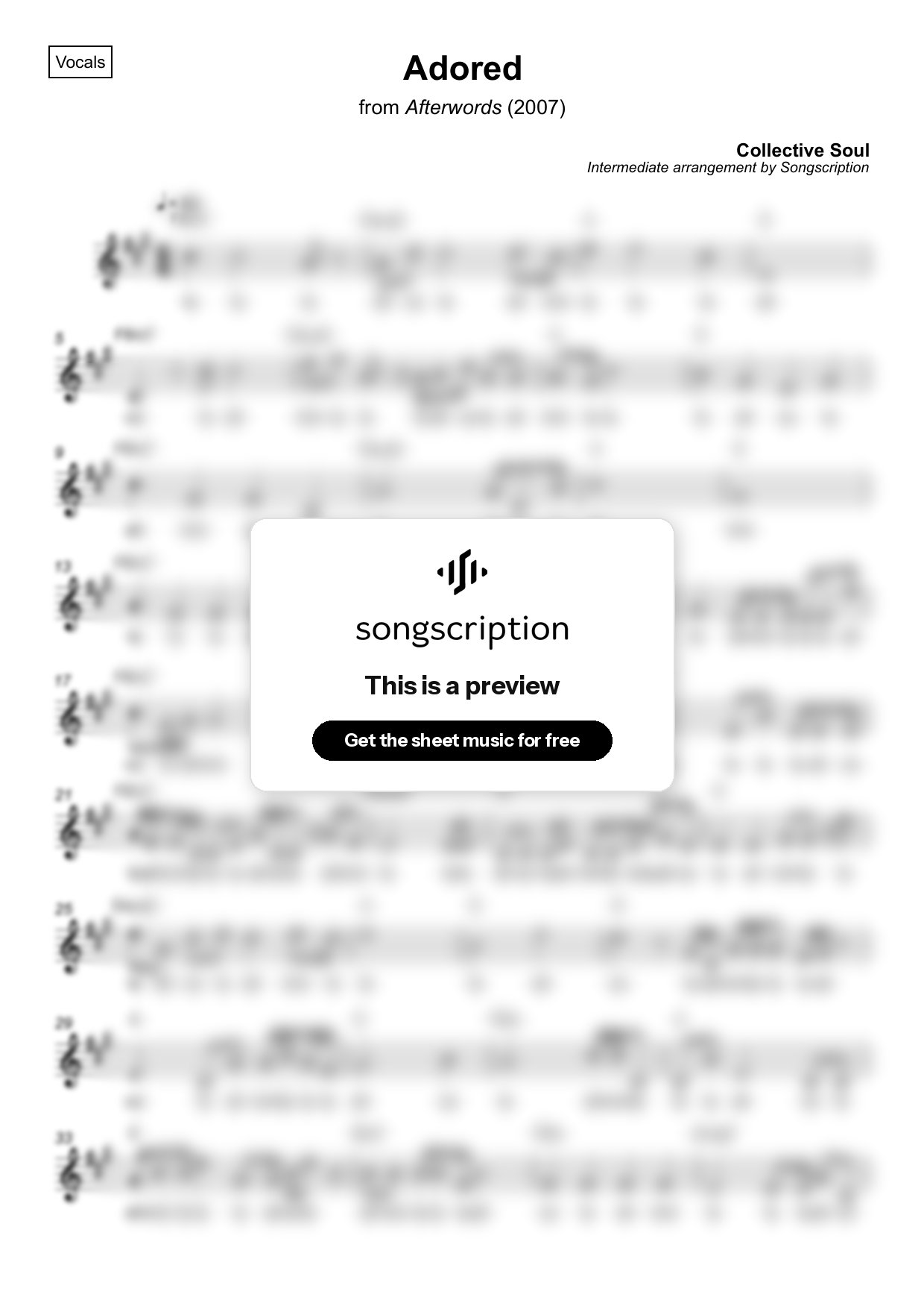 Intermediate Vocals Sheet Music for "Adored" by Collective Soul