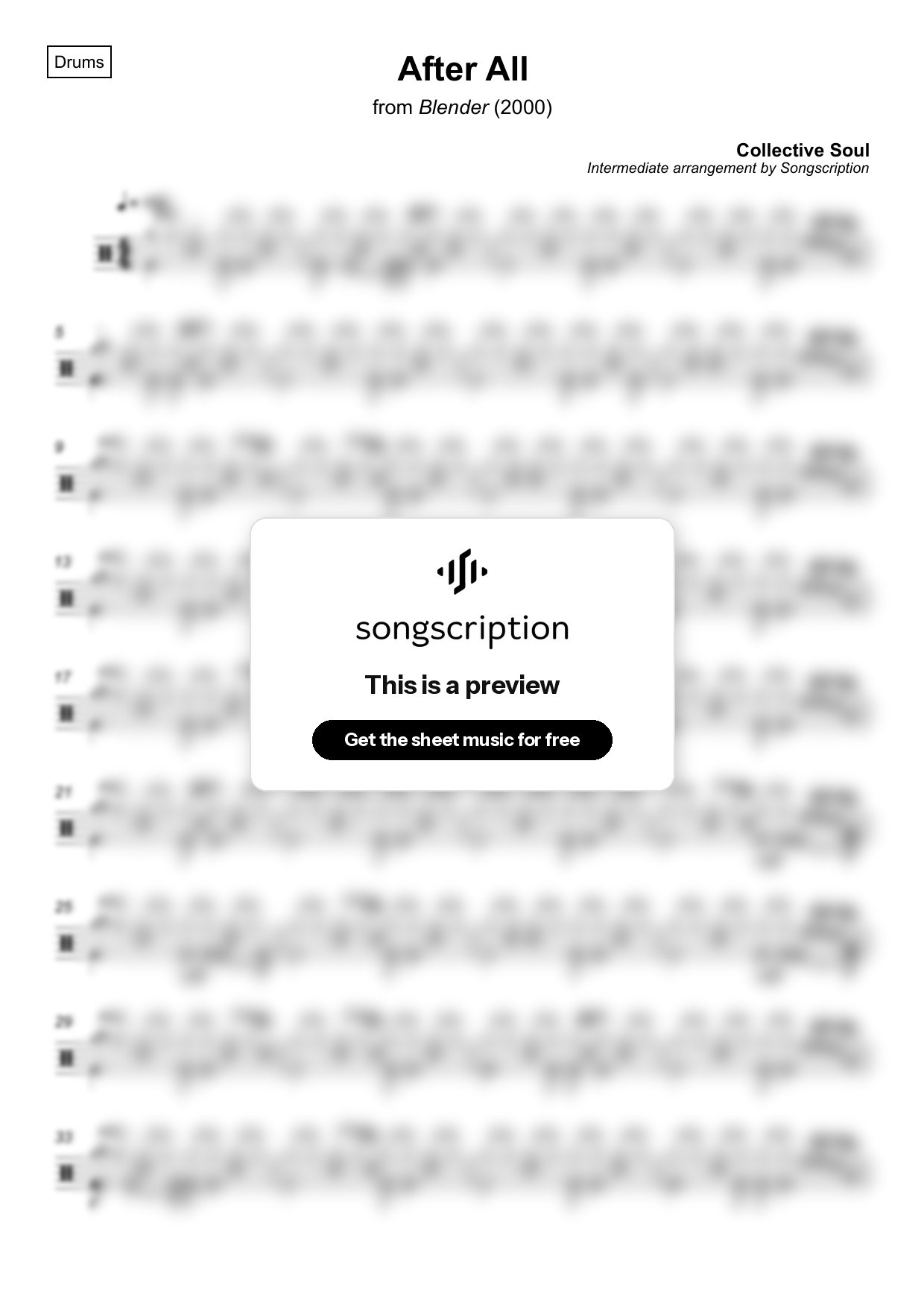 Intermediate Drums Sheet Music for "After All" by Collective Soul