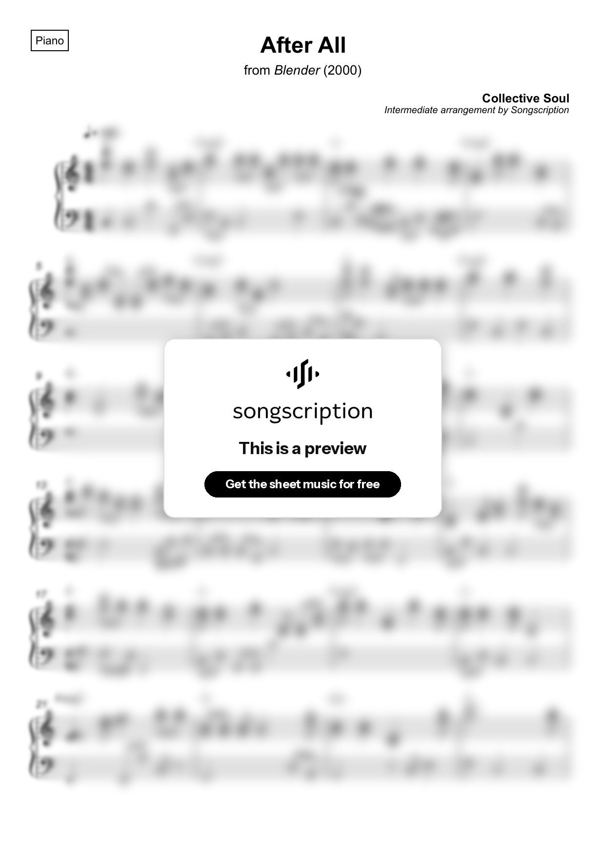Intermediate Piano Sheet Music for "After All" by Collective Soul