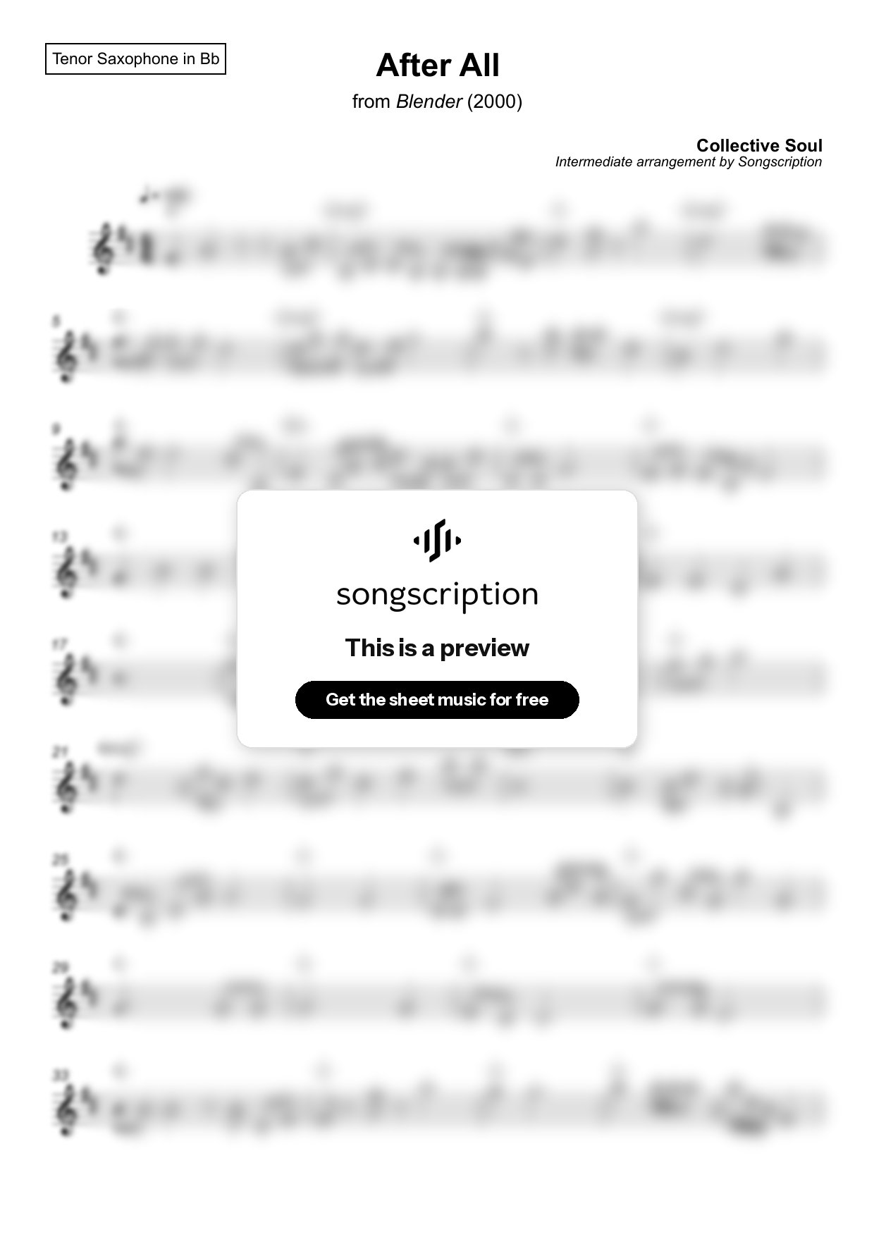 Intermediate Tenor Sax Sheet Music for "After All" by Collective Soul