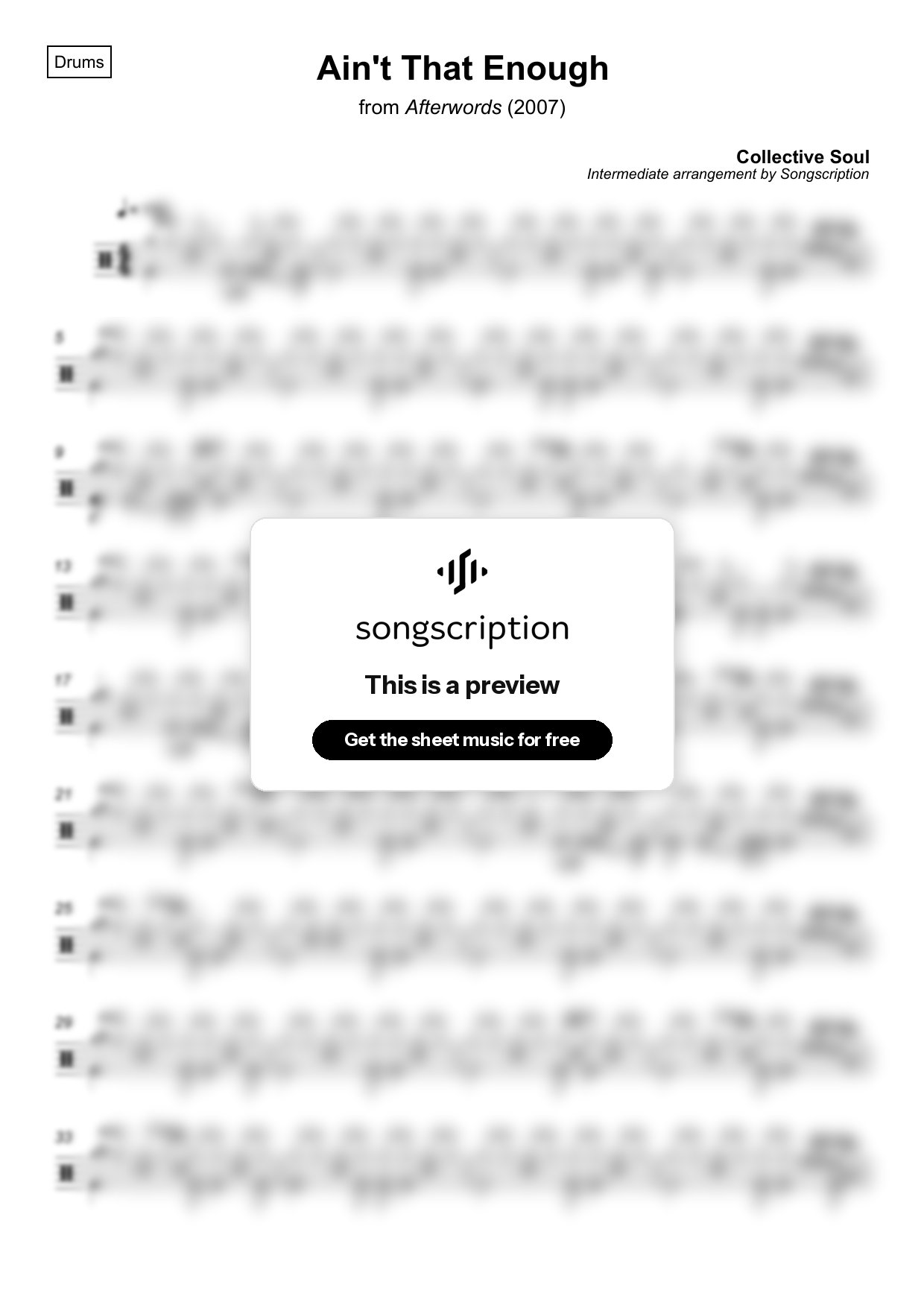 Intermediate Drums Sheet Music for "Ain't That Enough" by Collective Soul