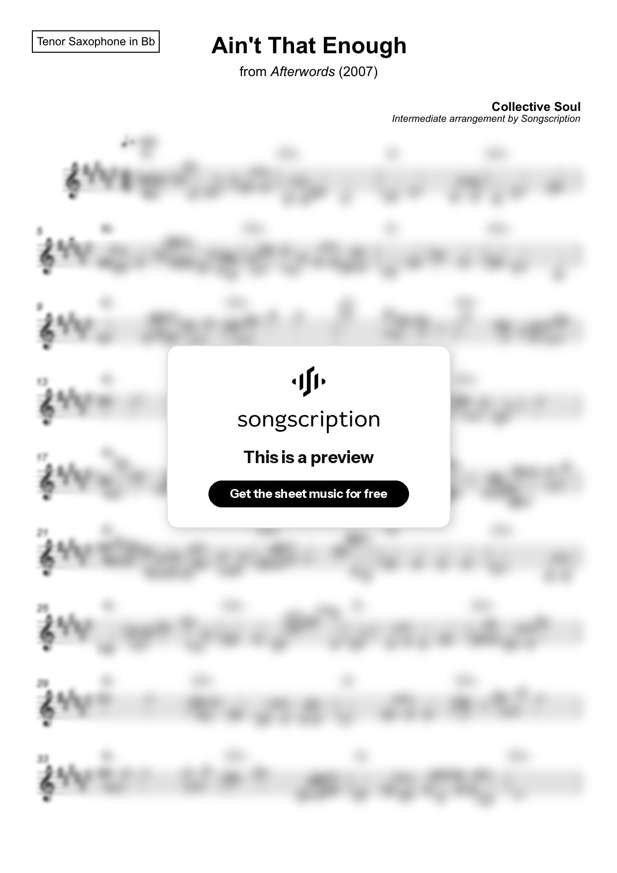 Intermediate Tenor Sax Sheet Music for "Ain't That Enough" by Collective Soul