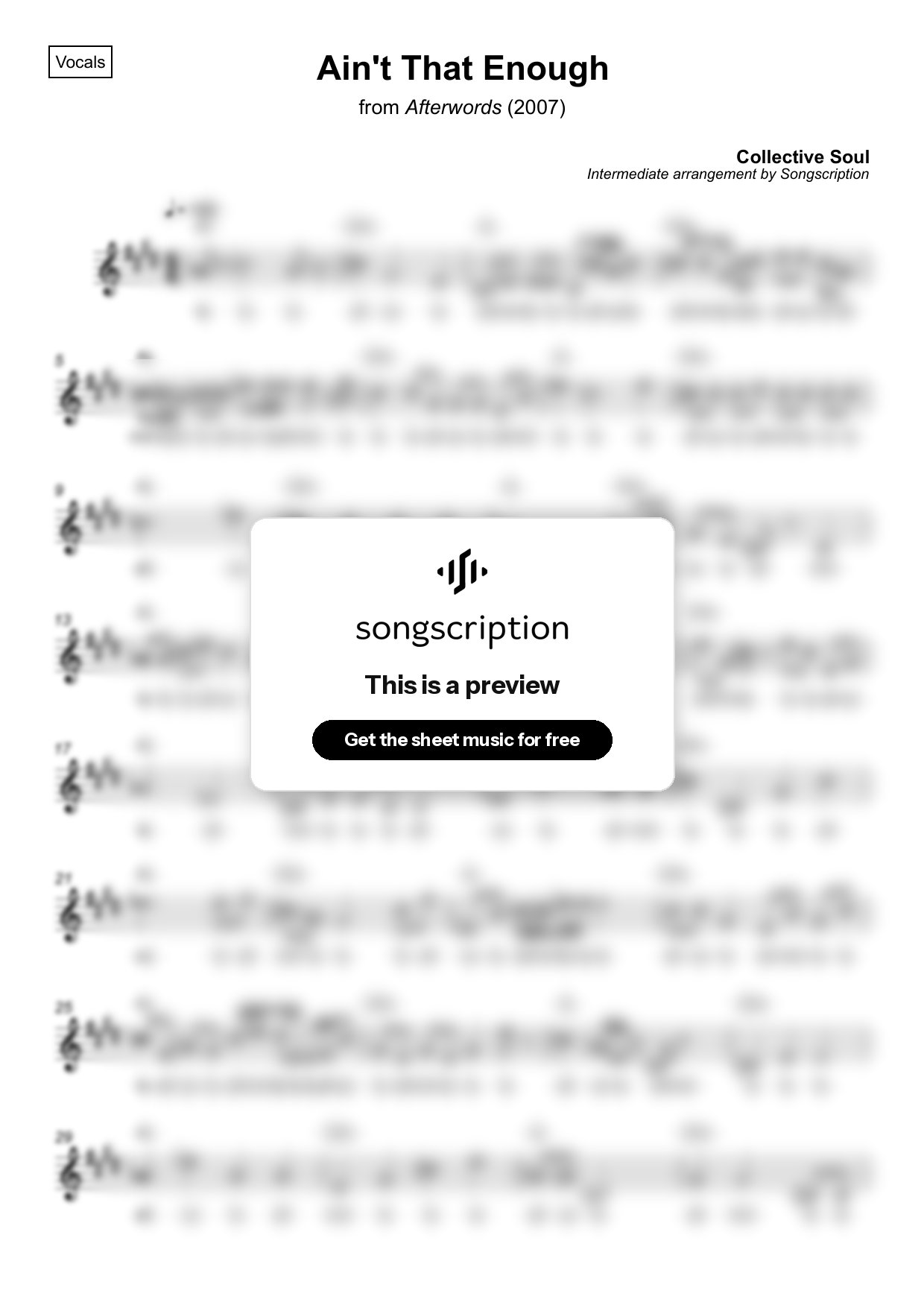 Intermediate Vocals Sheet Music for "Ain't That Enough" by Collective Soul