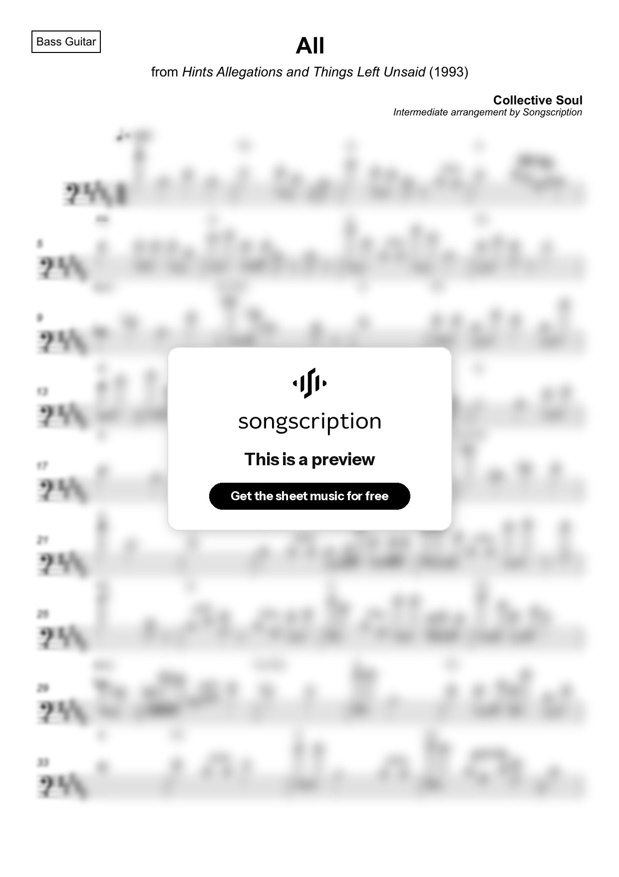 Intermediate Bass Guitar Sheet Music for "All" by Collective Soul