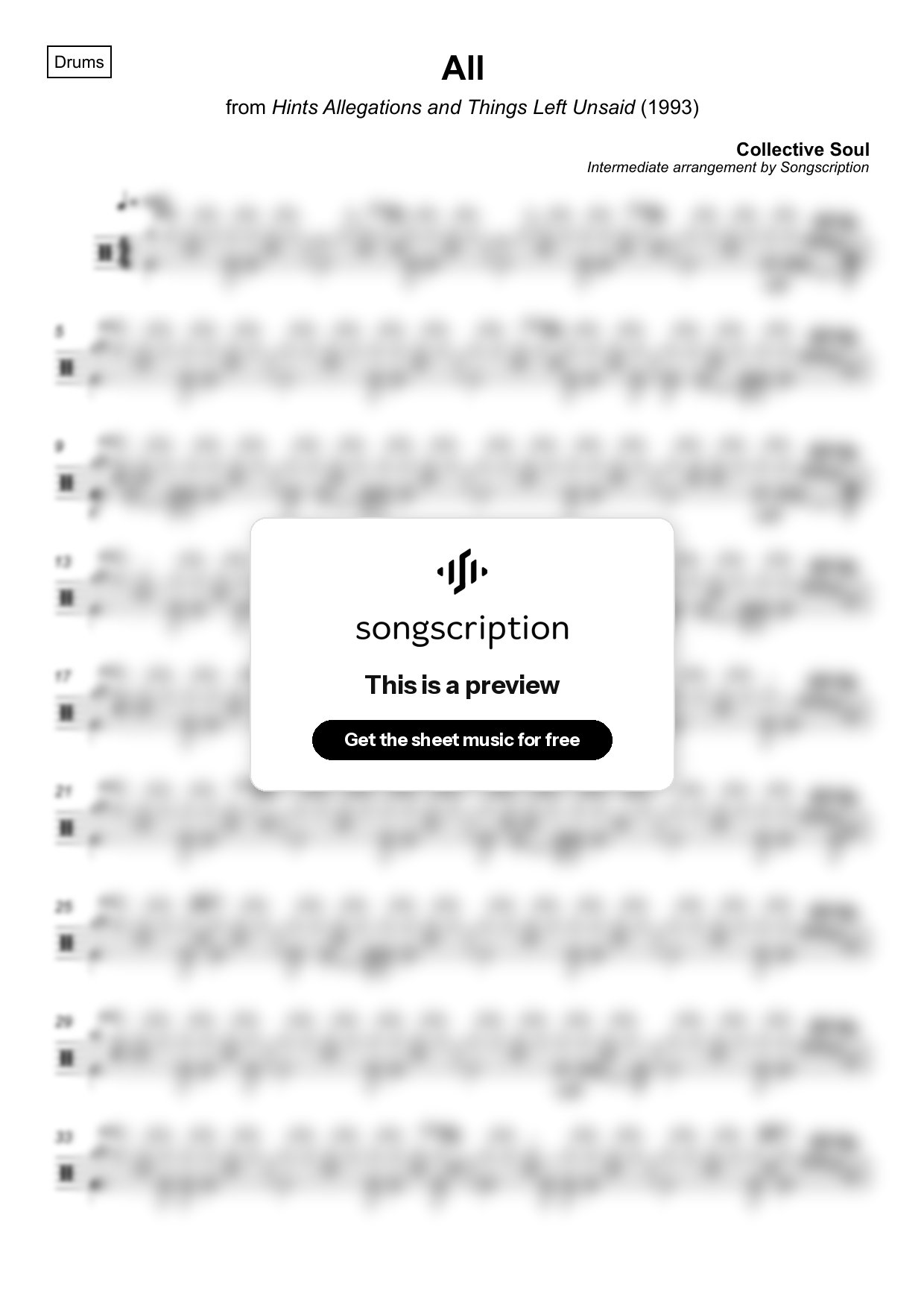Intermediate Drums Sheet Music for "All" by Collective Soul