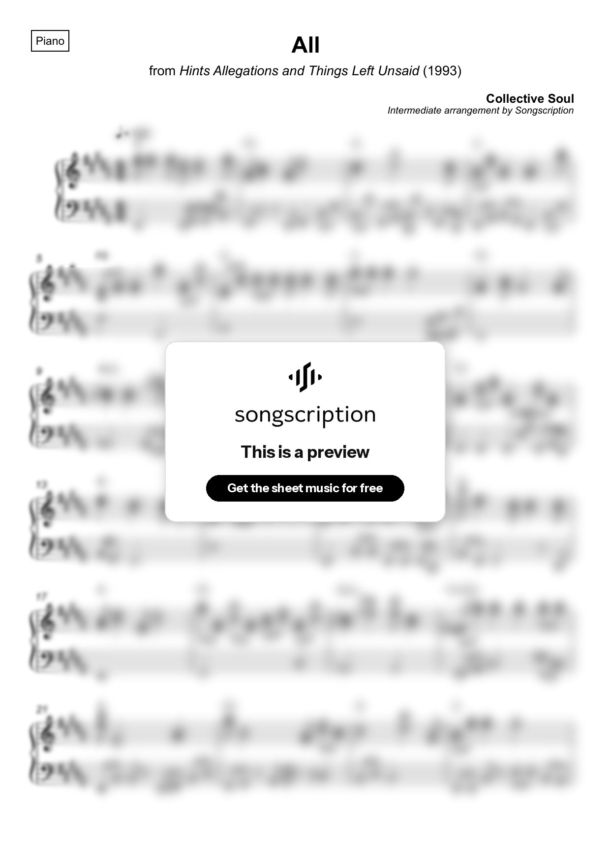 Intermediate Piano Sheet Music for "All" by Collective Soul