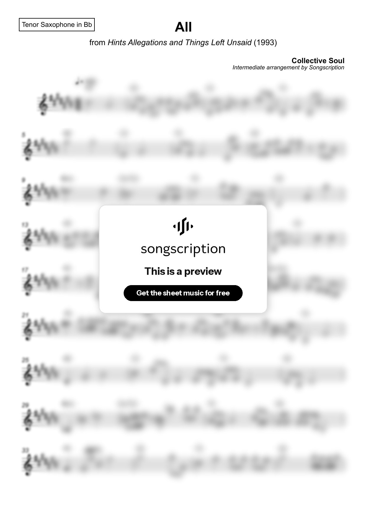 Intermediate Tenor Sax Sheet Music for "All" by Collective Soul