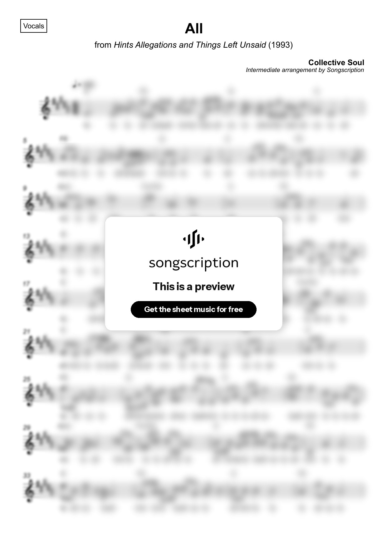Intermediate Vocals Sheet Music for "All" by Collective Soul