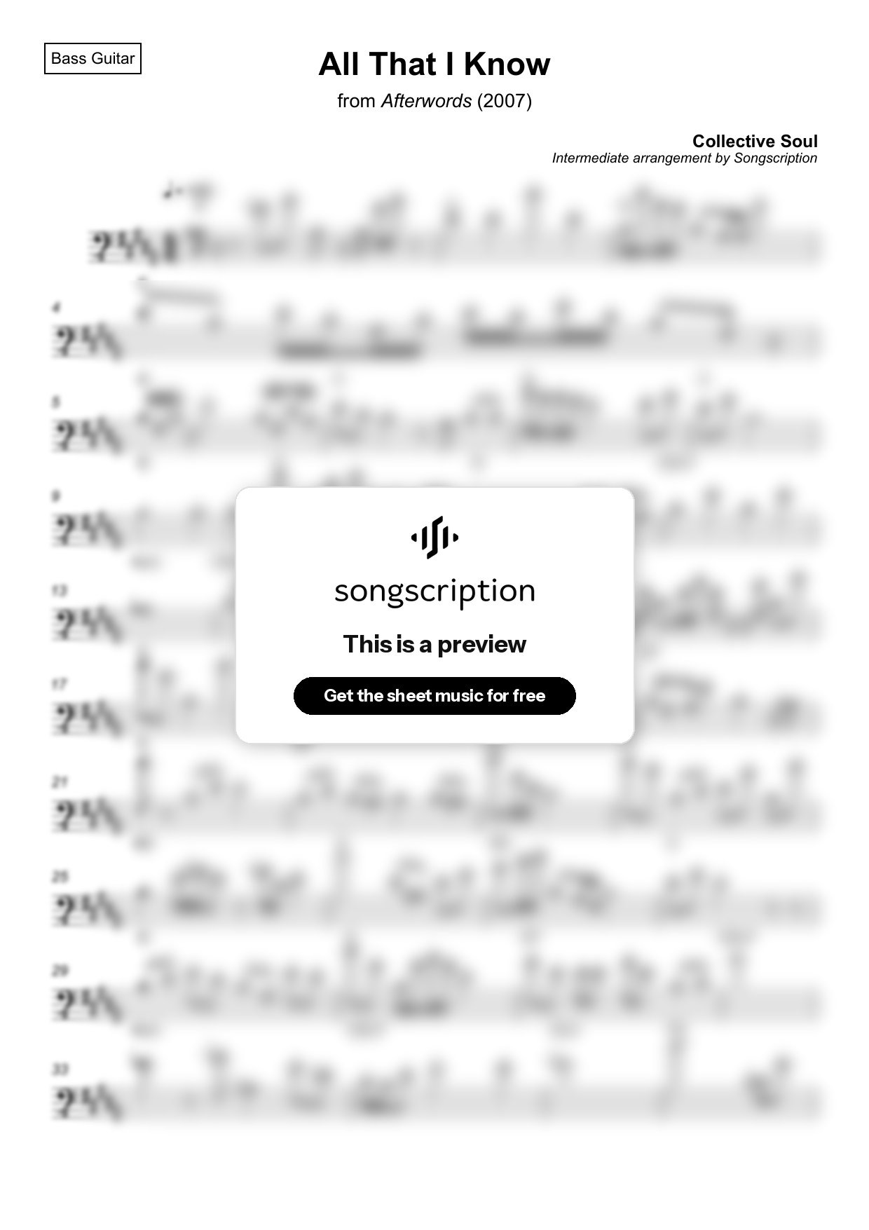Intermediate Bass Guitar Sheet Music for "All That I Know" by Collective Soul
