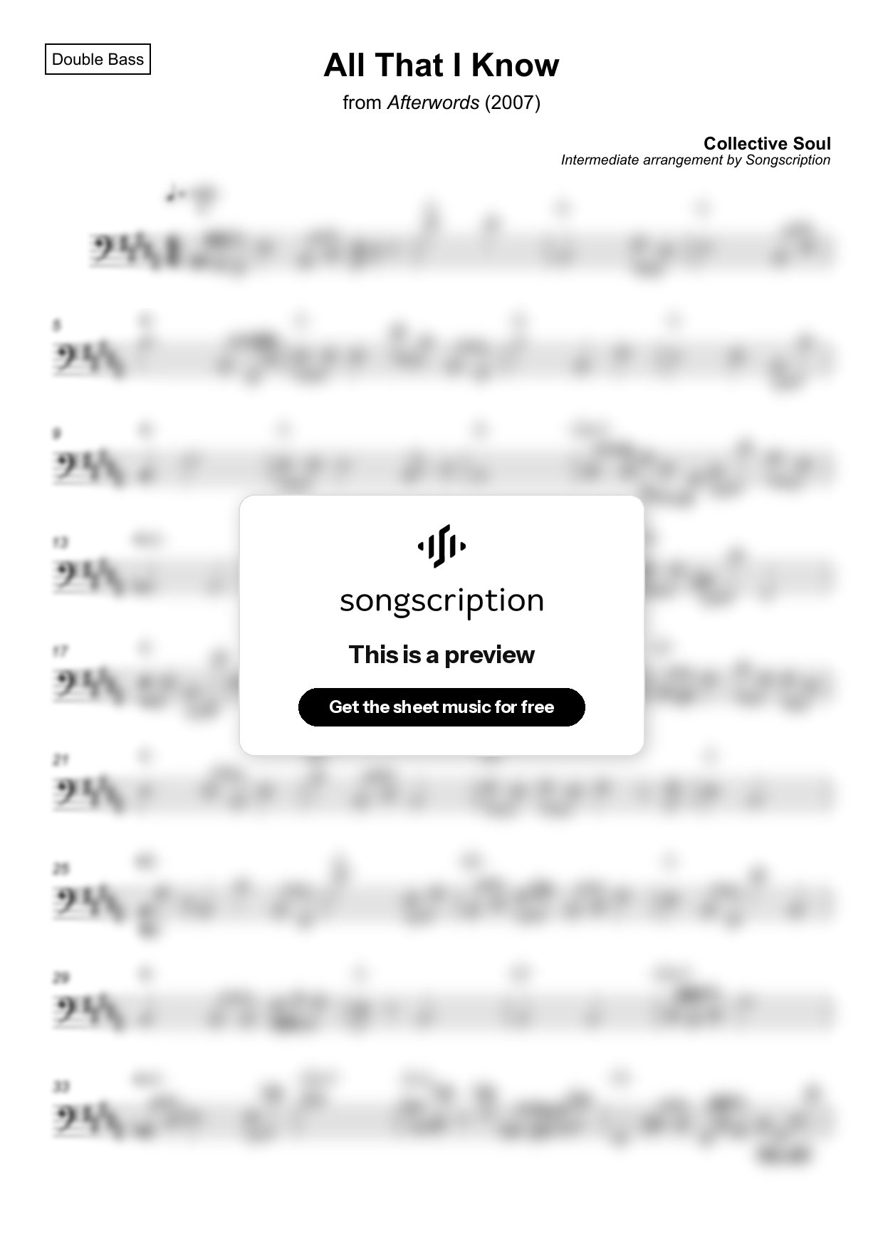 Intermediate Double Bass Sheet Music for "All That I Know" by Collective Soul