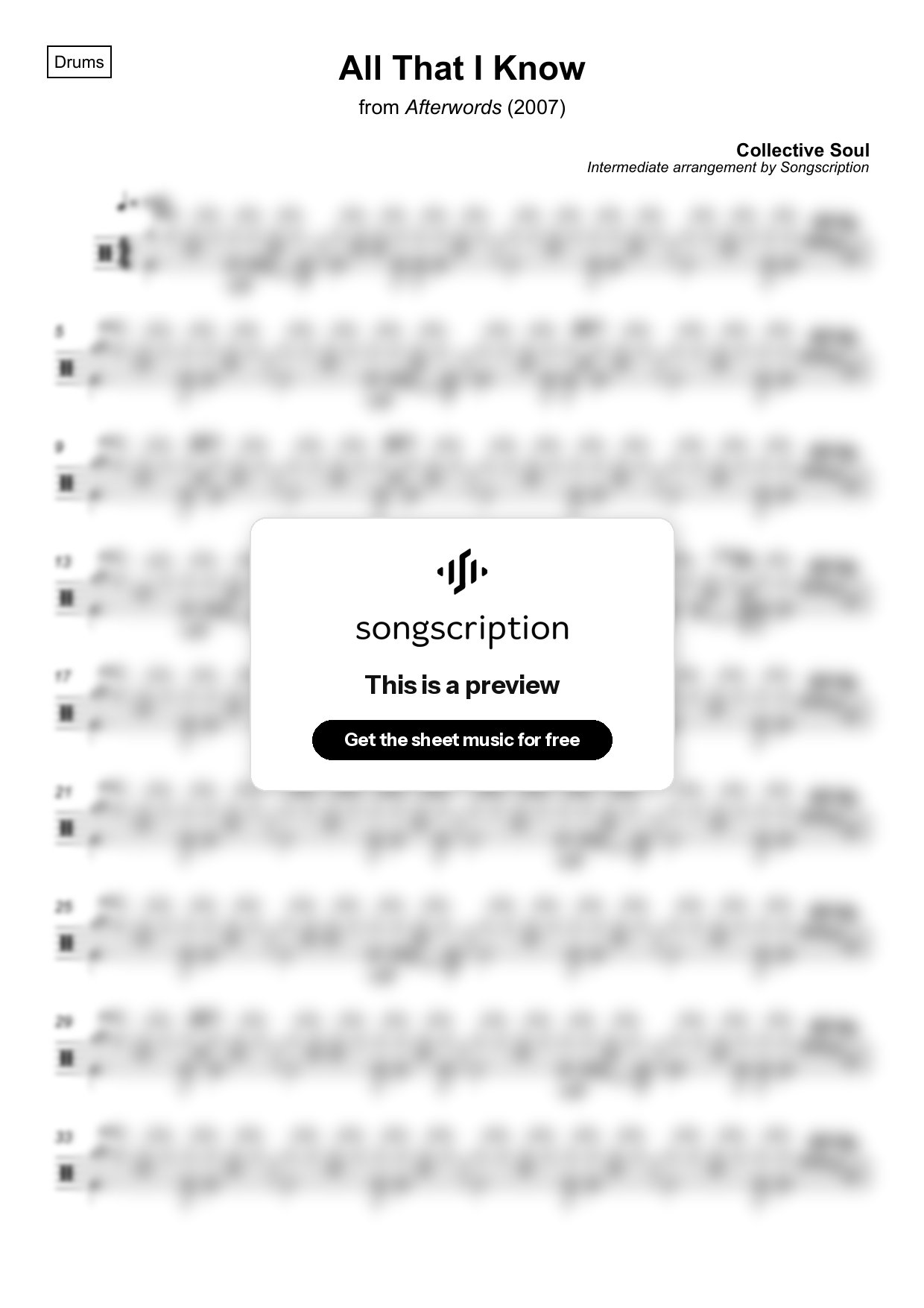 Intermediate Drums Sheet Music for "All That I Know" by Collective Soul