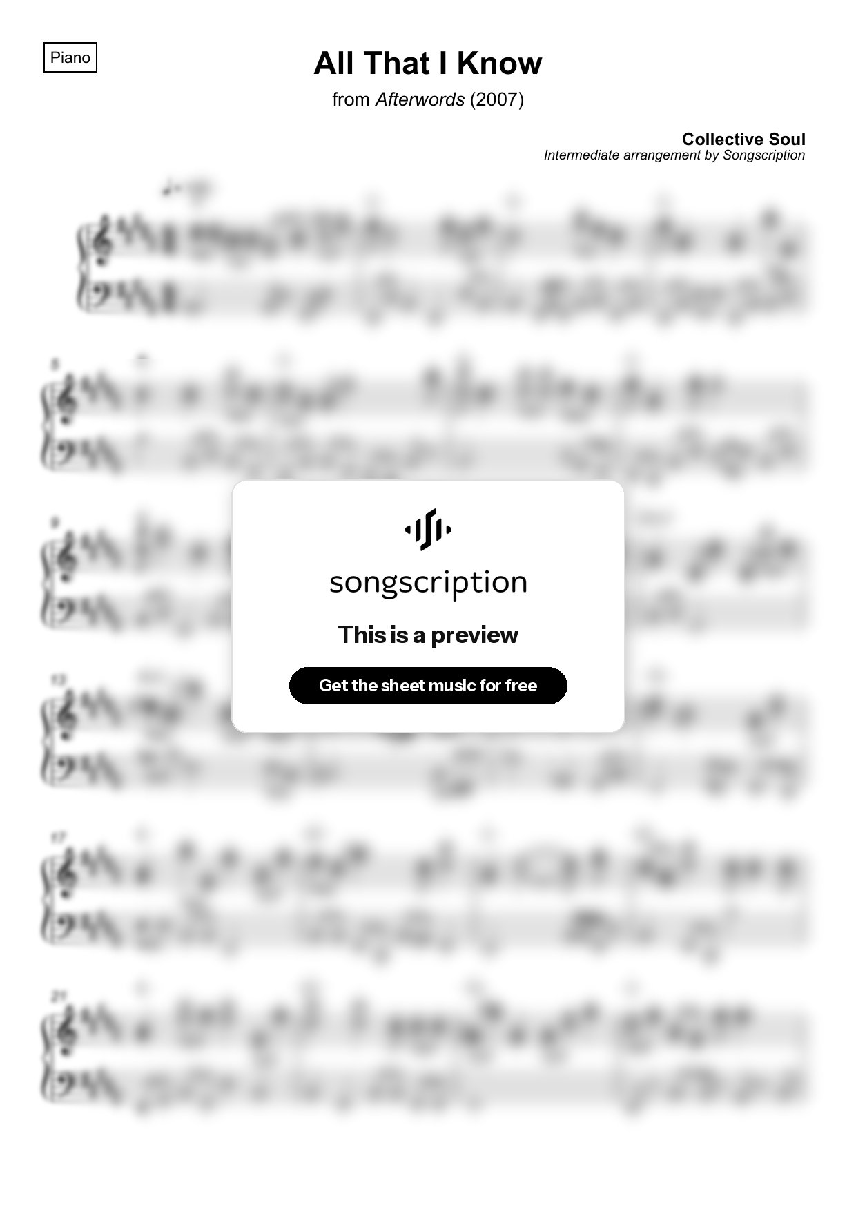 Intermediate Piano Sheet Music for "All That I Know" by Collective Soul
