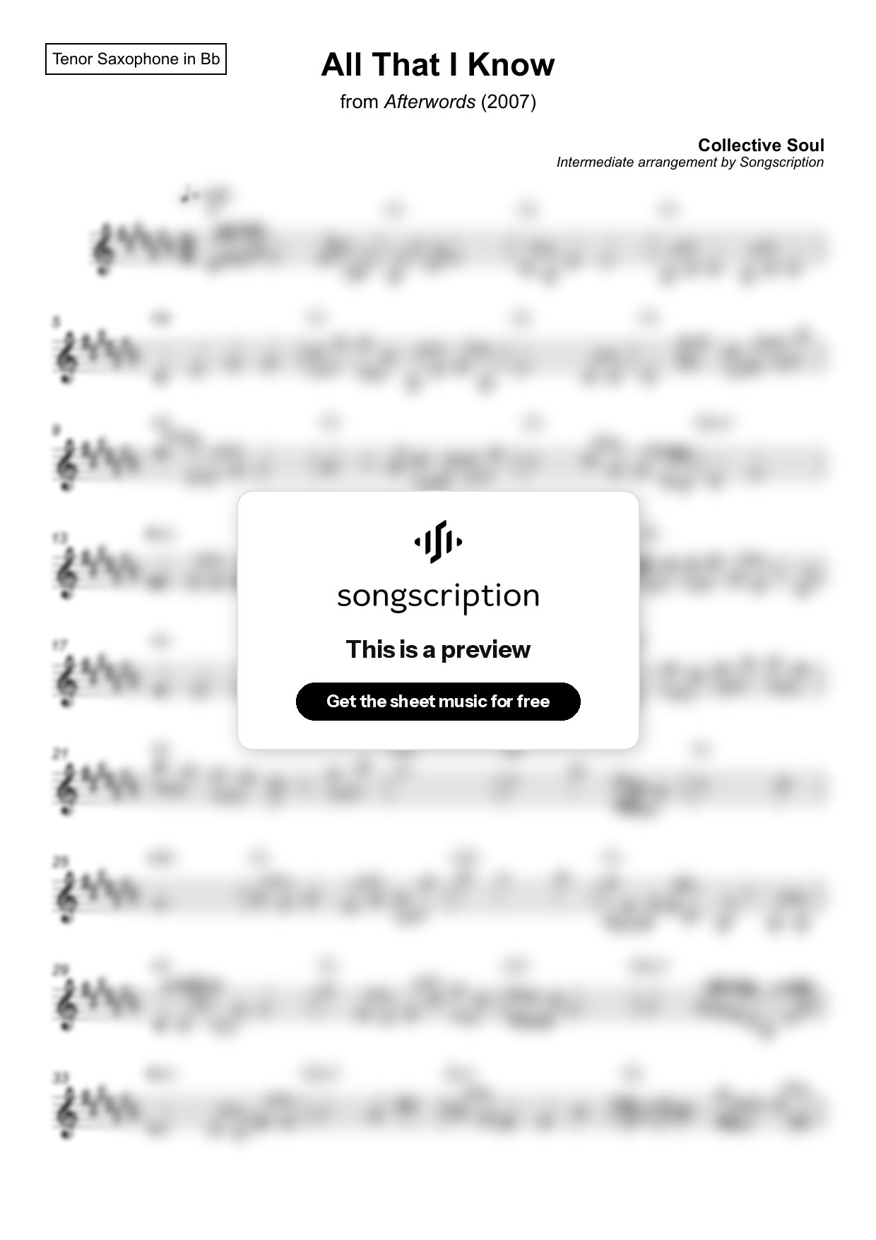 Intermediate Tenor Sax Sheet Music for "All That I Know" by Collective Soul