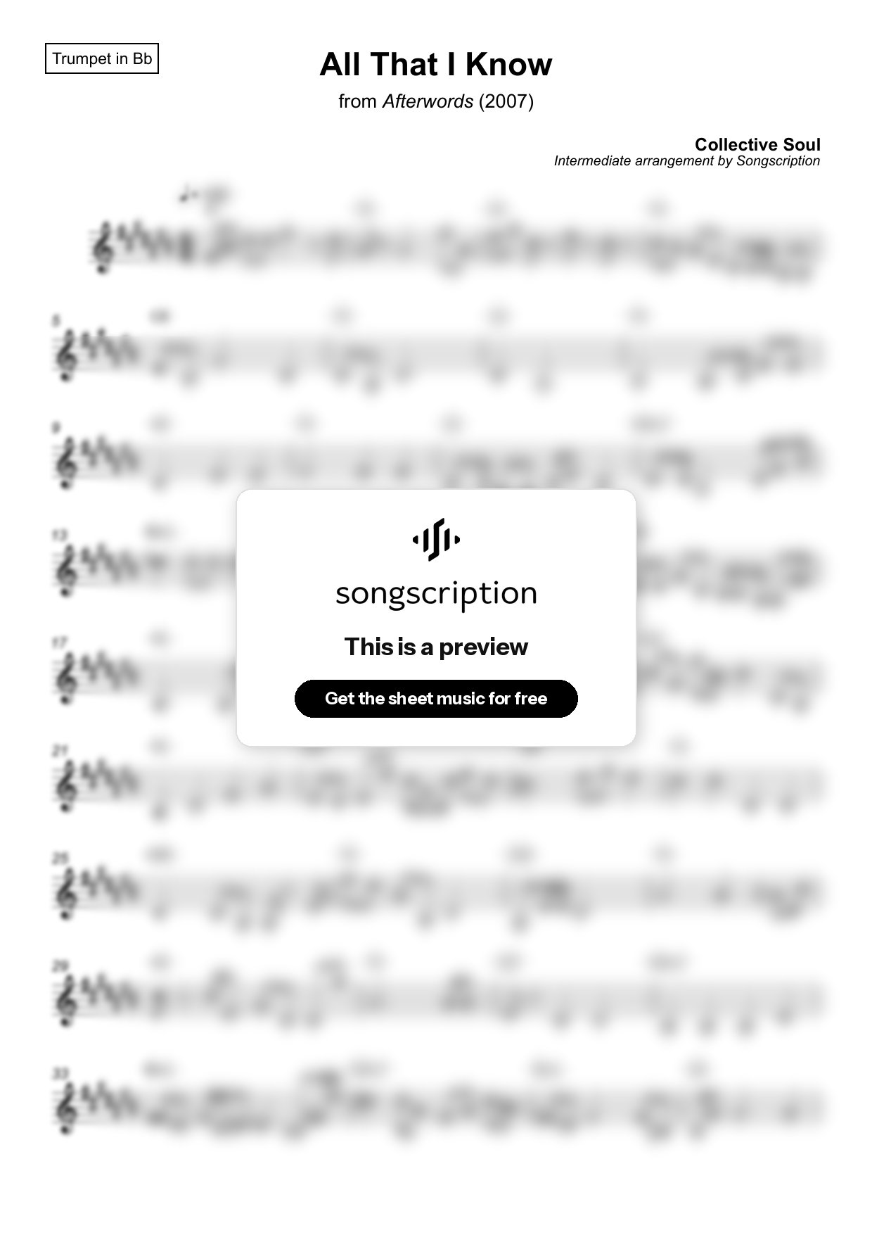 Intermediate Trumpet Sheet Music for "All That I Know" by Collective Soul