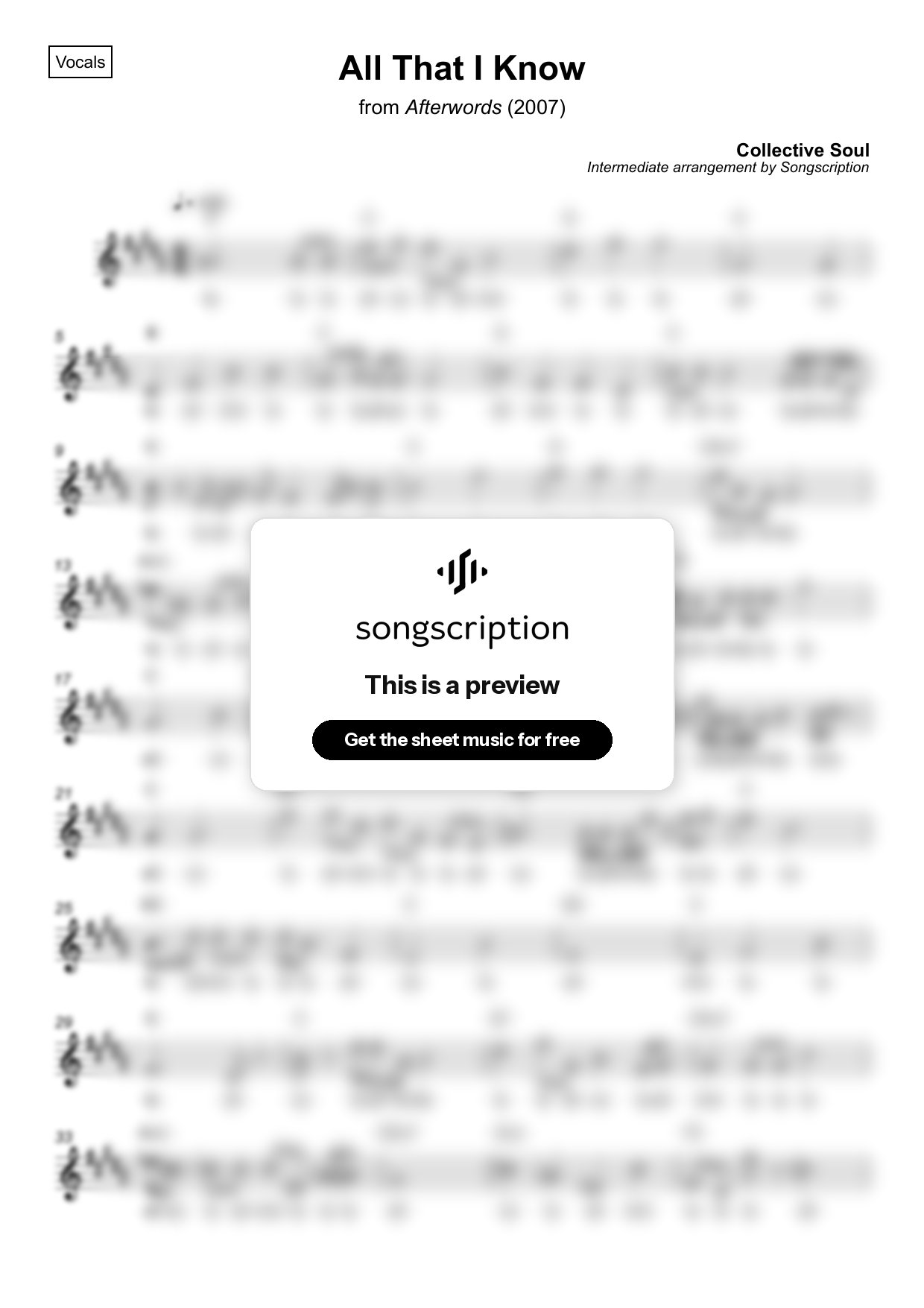Intermediate Vocals Sheet Music for "All That I Know" by Collective Soul