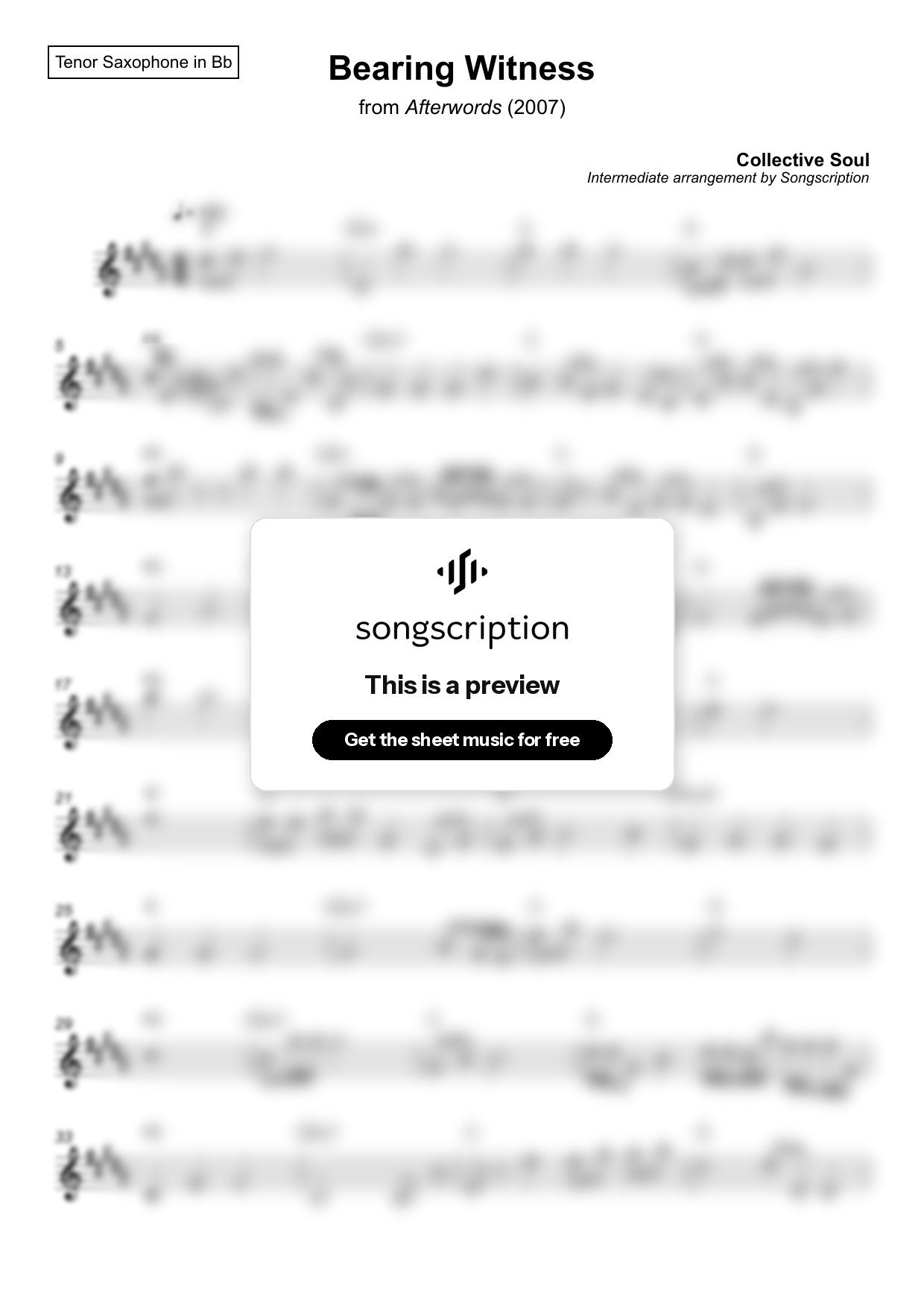 Intermediate Tenor Sax Sheet Music for "Bearing Witness" by Collective Soul