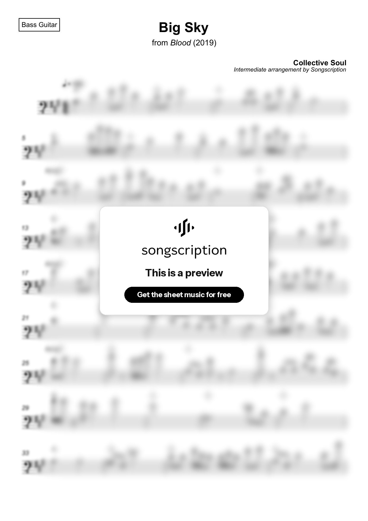 Intermediate Bass Guitar Sheet Music for "Big Sky" by Collective Soul