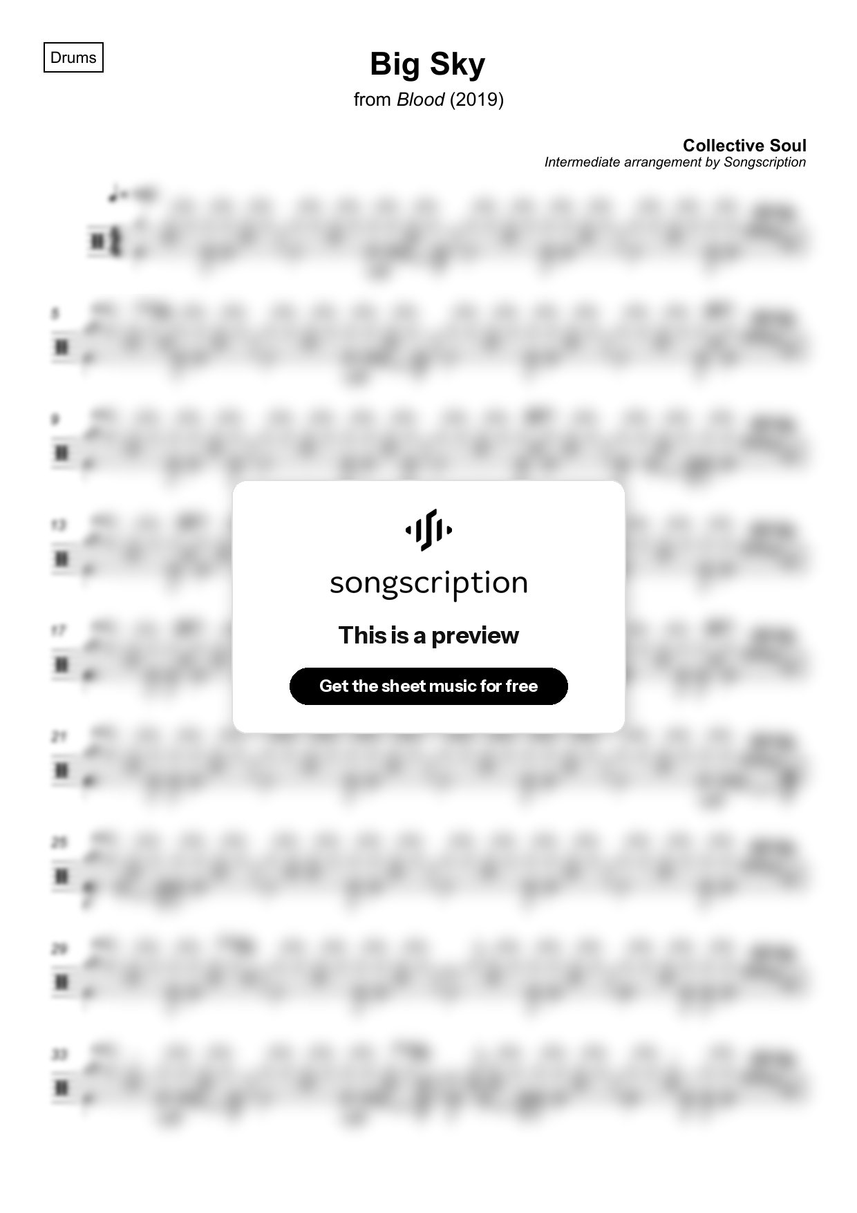 Intermediate Drums Sheet Music for "Big Sky" by Collective Soul