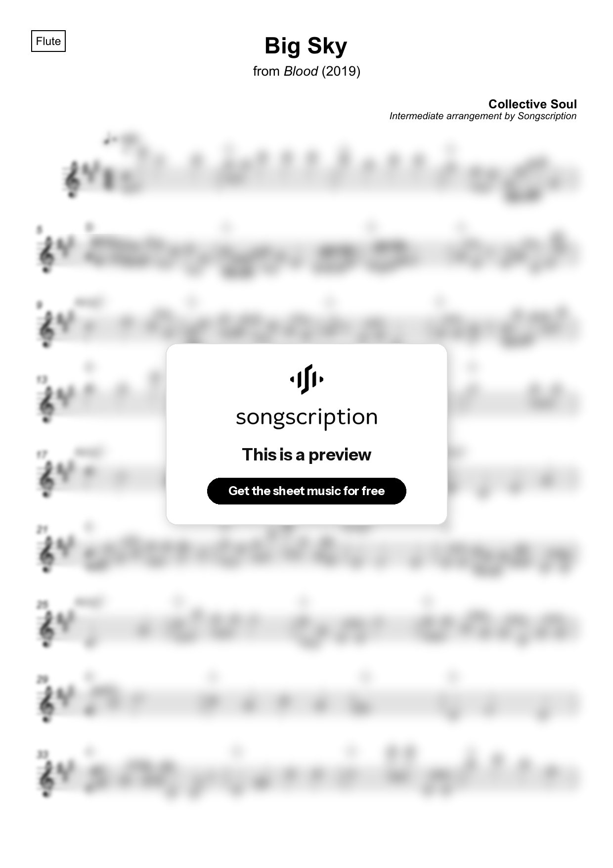 Intermediate Flute Sheet Music for "Big Sky" by Collective Soul