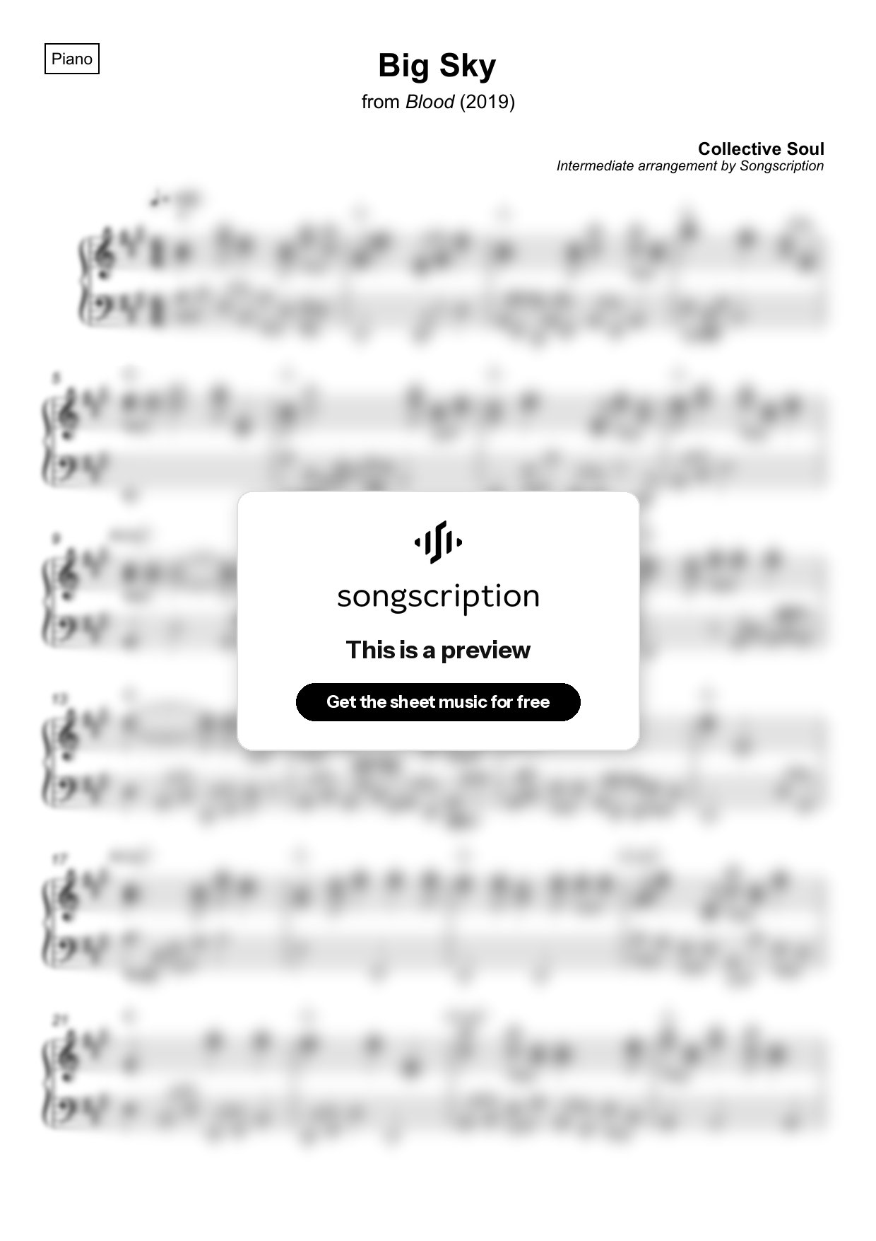 Intermediate Piano Sheet Music for "Big Sky" by Collective Soul