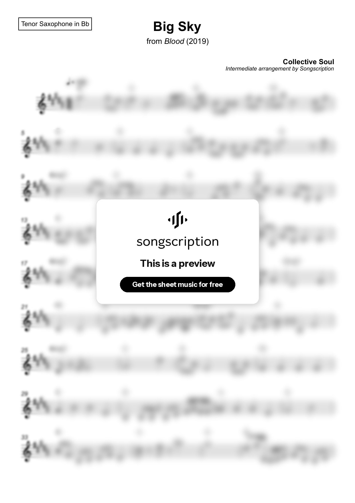 Intermediate Tenor Sax Sheet Music for "Big Sky" by Collective Soul