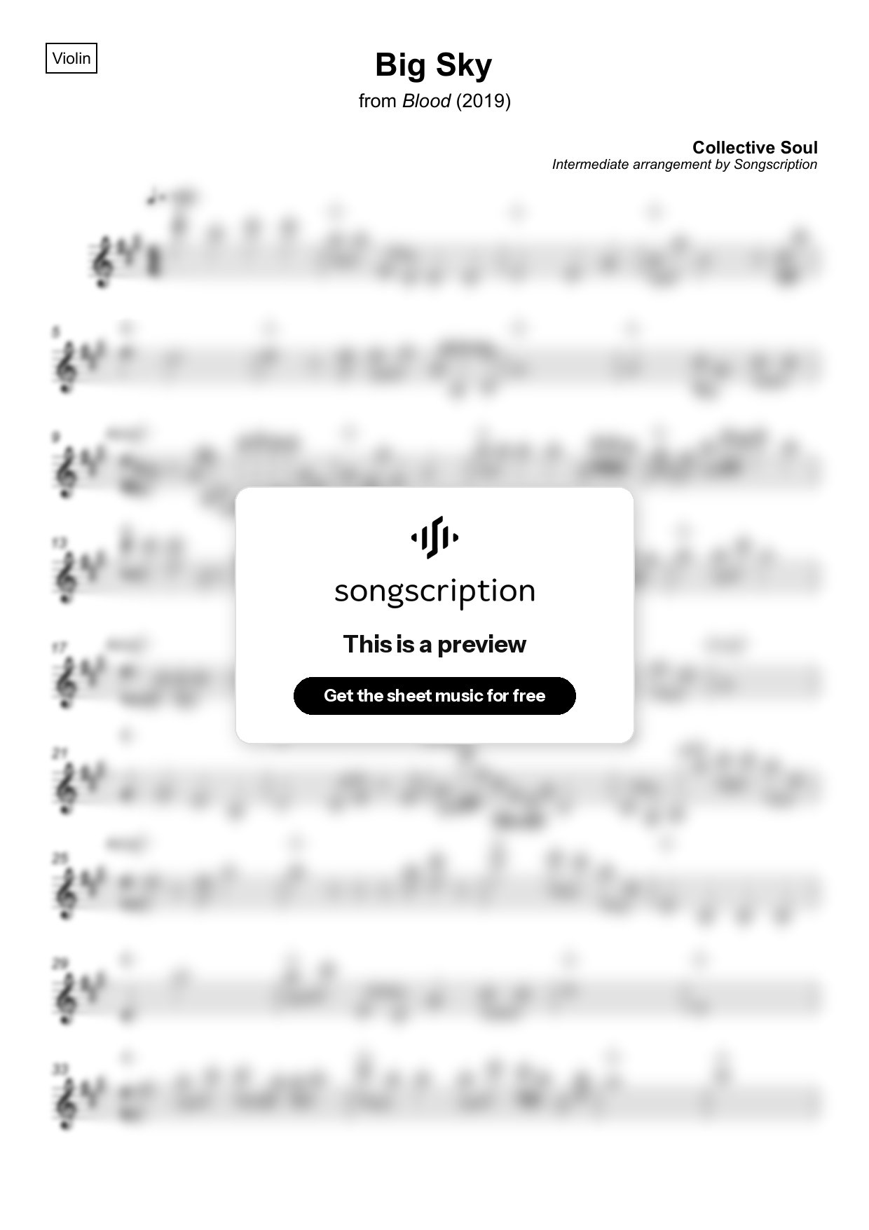 Intermediate Violin Sheet Music for "Big Sky" by Collective Soul