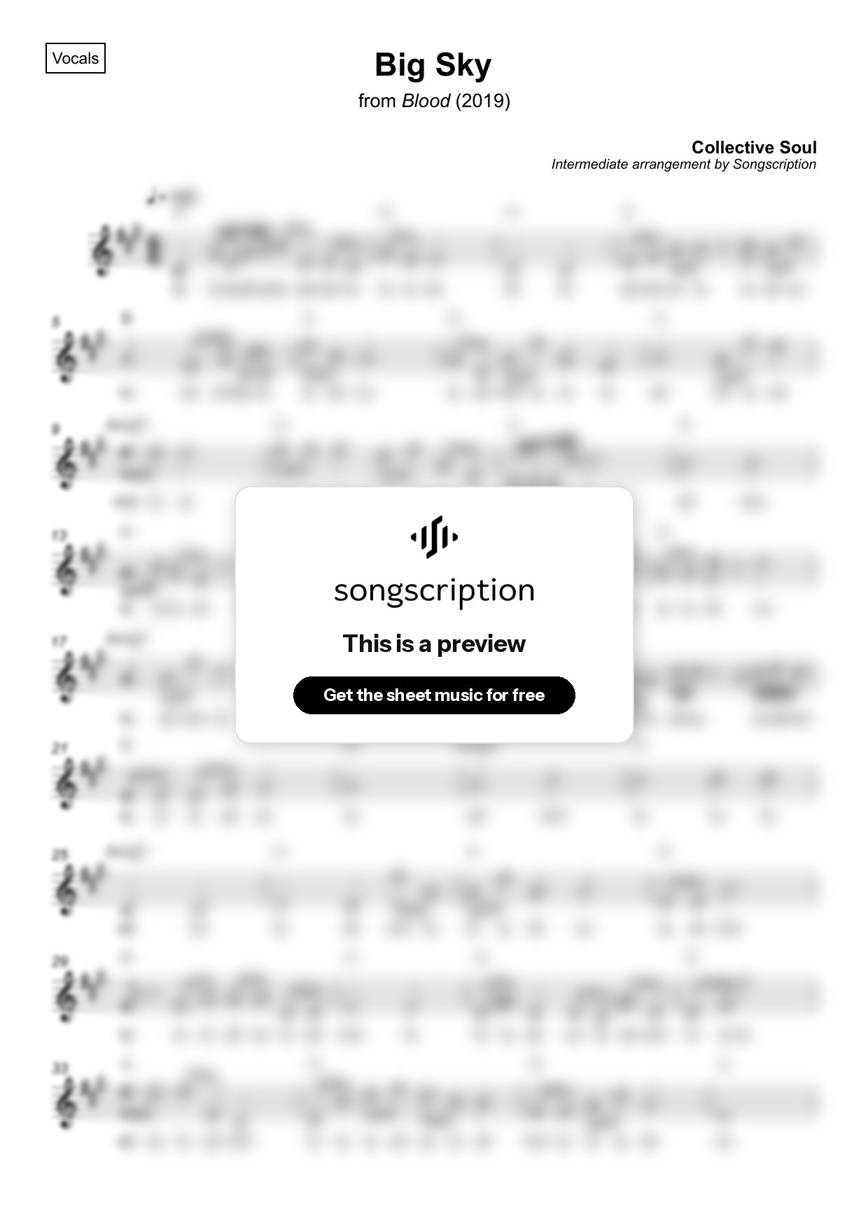 Intermediate Vocals Sheet Music for "Big Sky" by Collective Soul