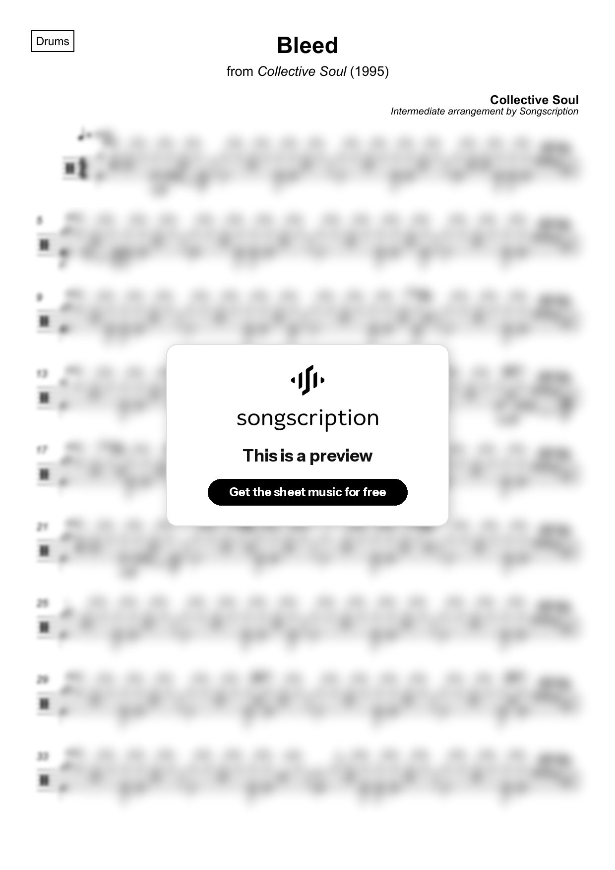 Intermediate Drums Sheet Music for "Bleed" by Collective Soul