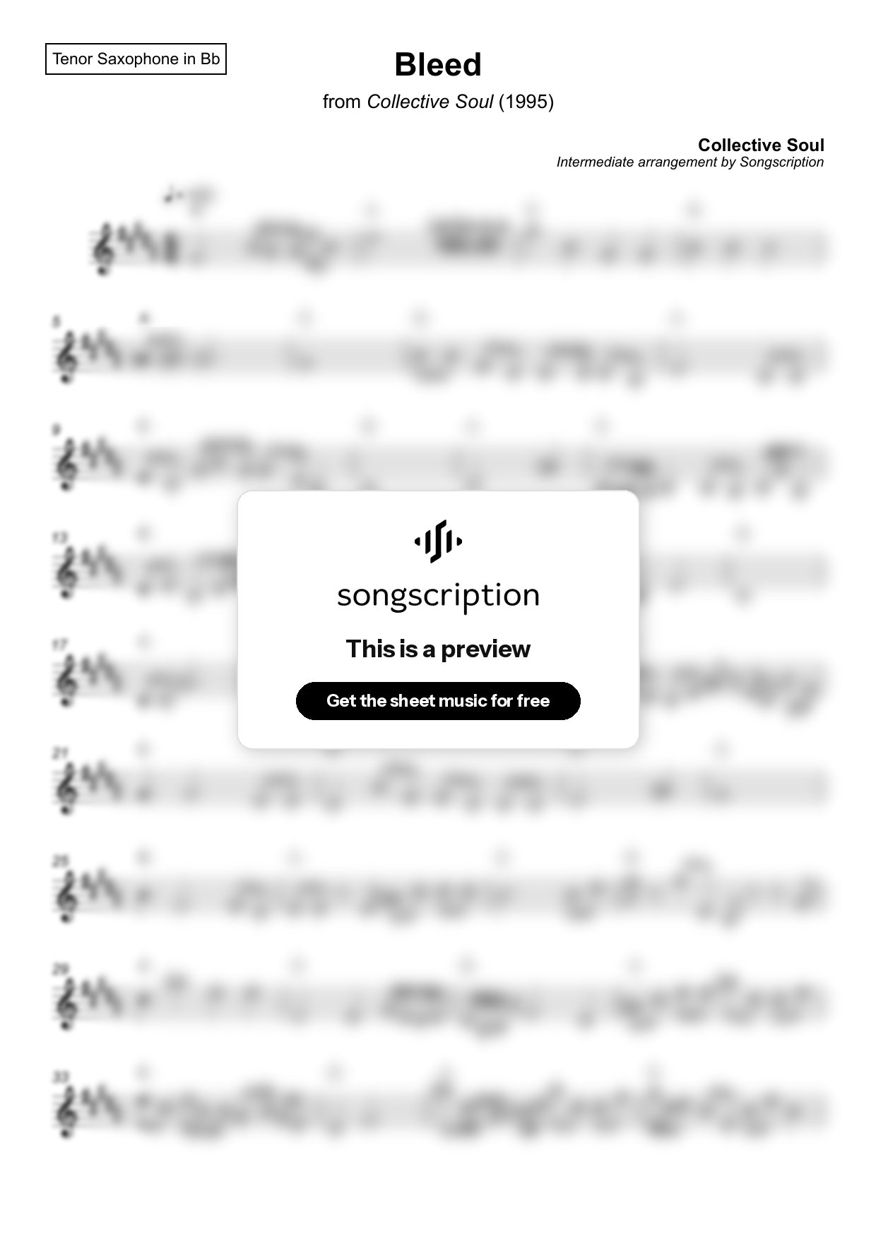 Intermediate Tenor Sax Sheet Music for "Bleed" by Collective Soul