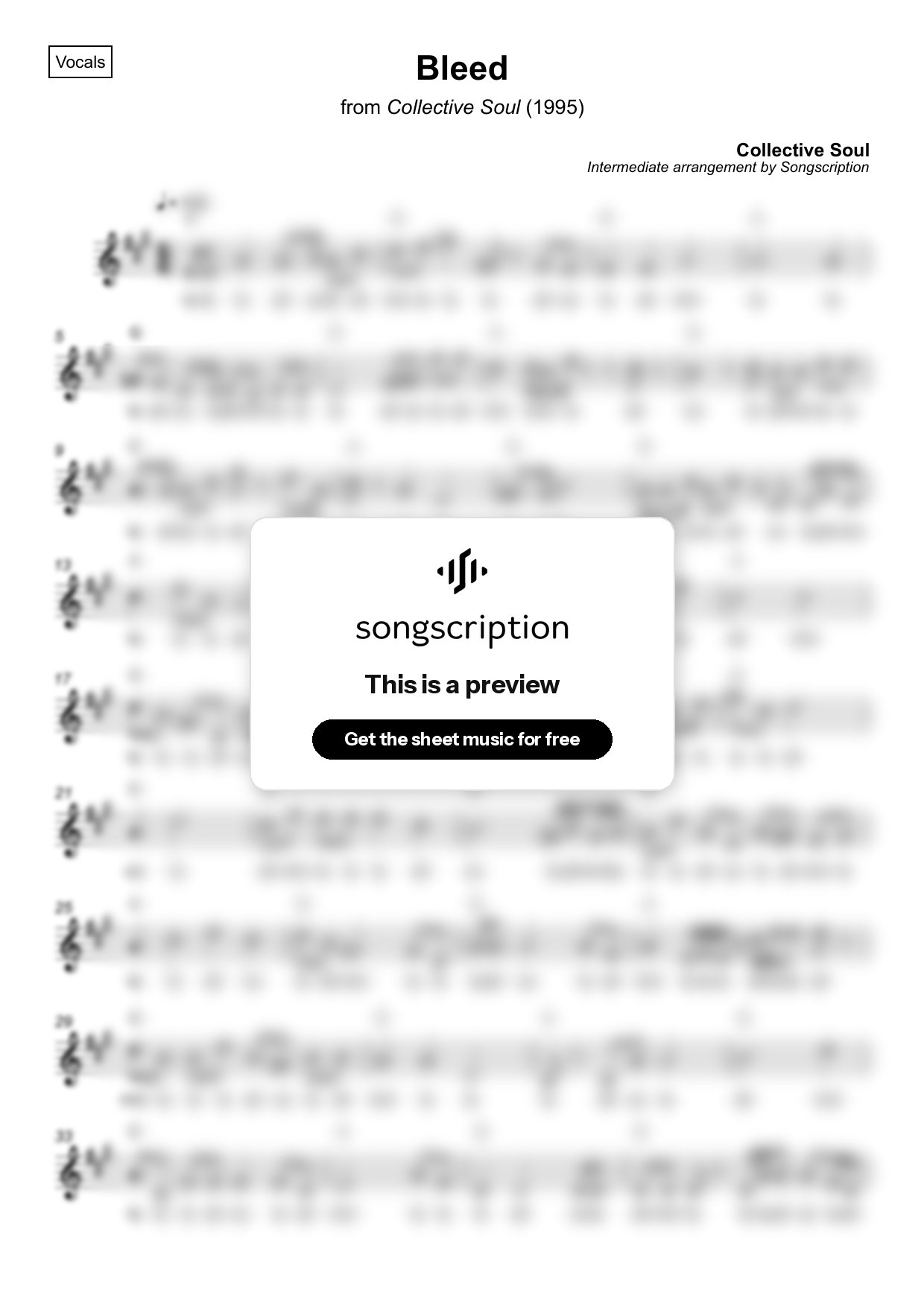 Intermediate Vocals Sheet Music for "Bleed" by Collective Soul