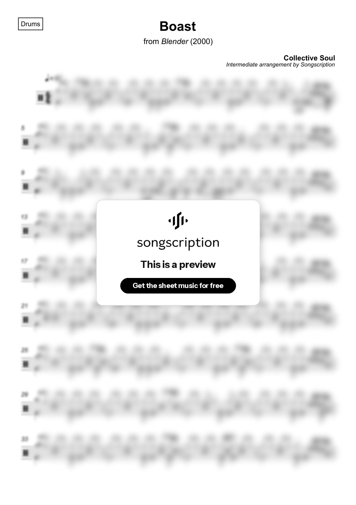 Intermediate Drums Sheet Music for "Boast" by Collective Soul
