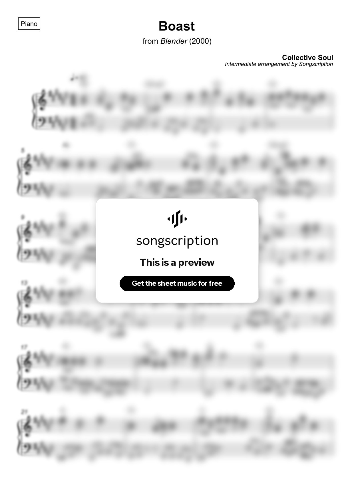 Intermediate Piano Sheet Music for "Boast" by Collective Soul