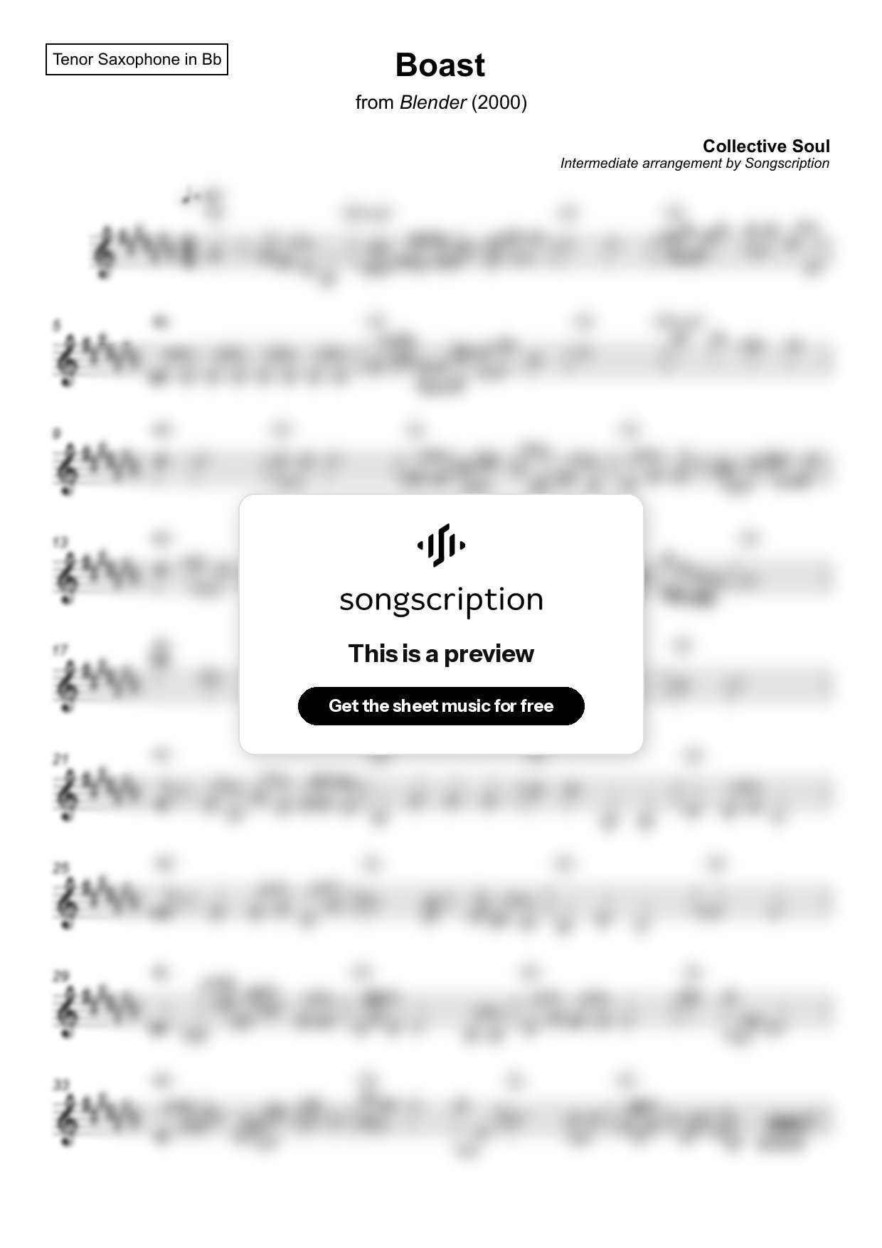 Intermediate Tenor Sax Sheet Music for "Boast" by Collective Soul