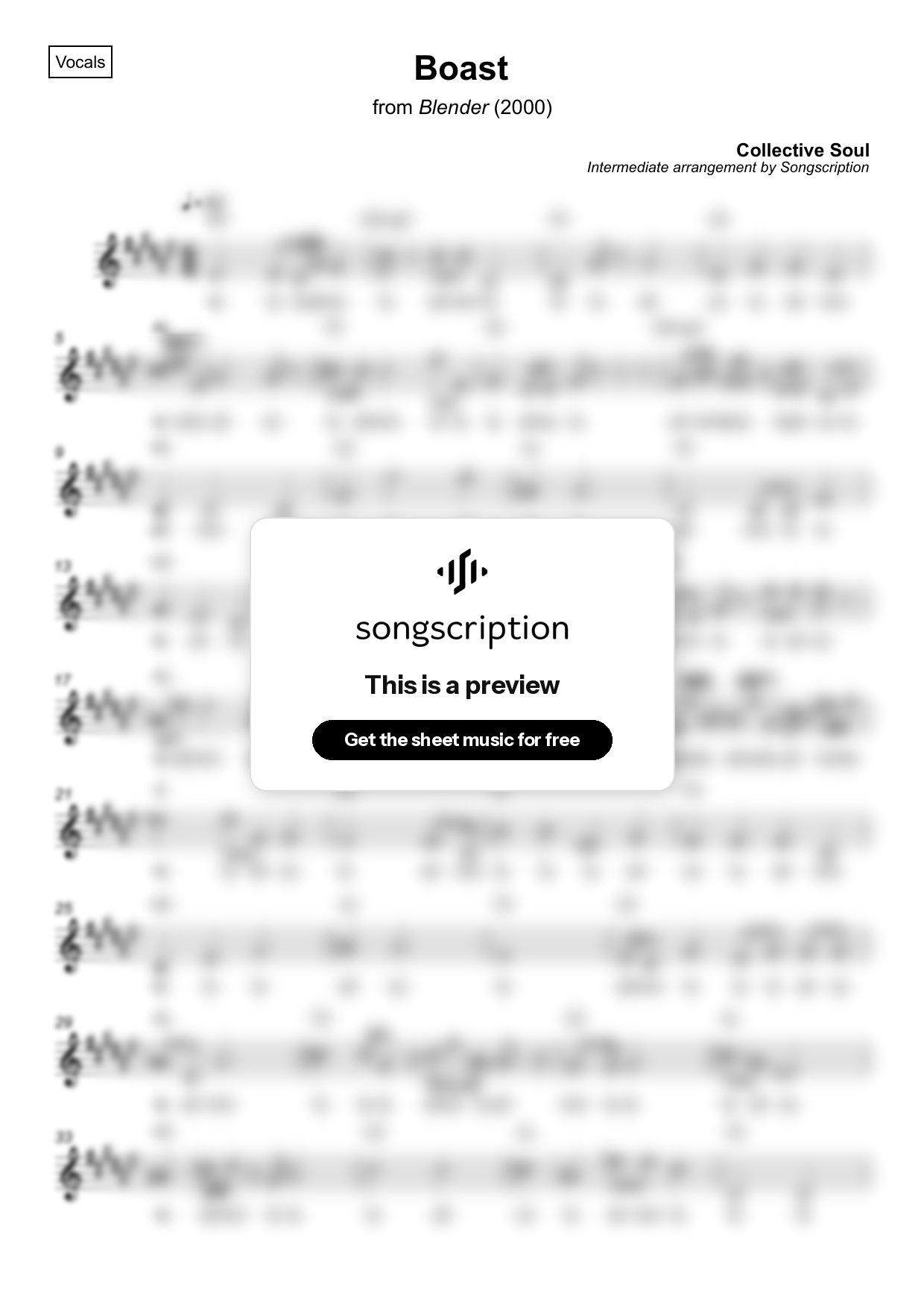 Intermediate Vocals Sheet Music for "Boast" by Collective Soul