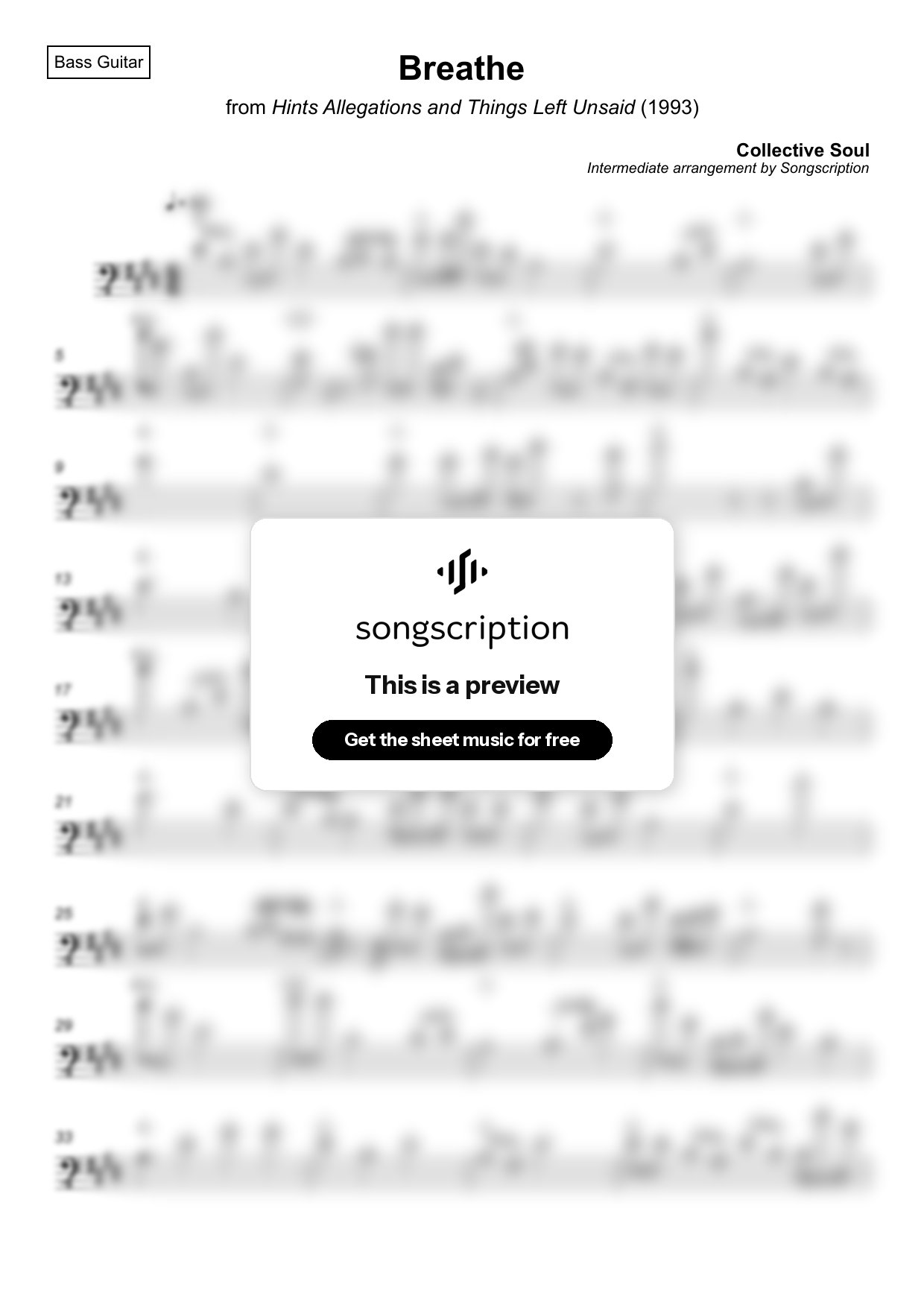 Intermediate Bass Guitar Sheet Music for "Breathe" by Collective Soul
