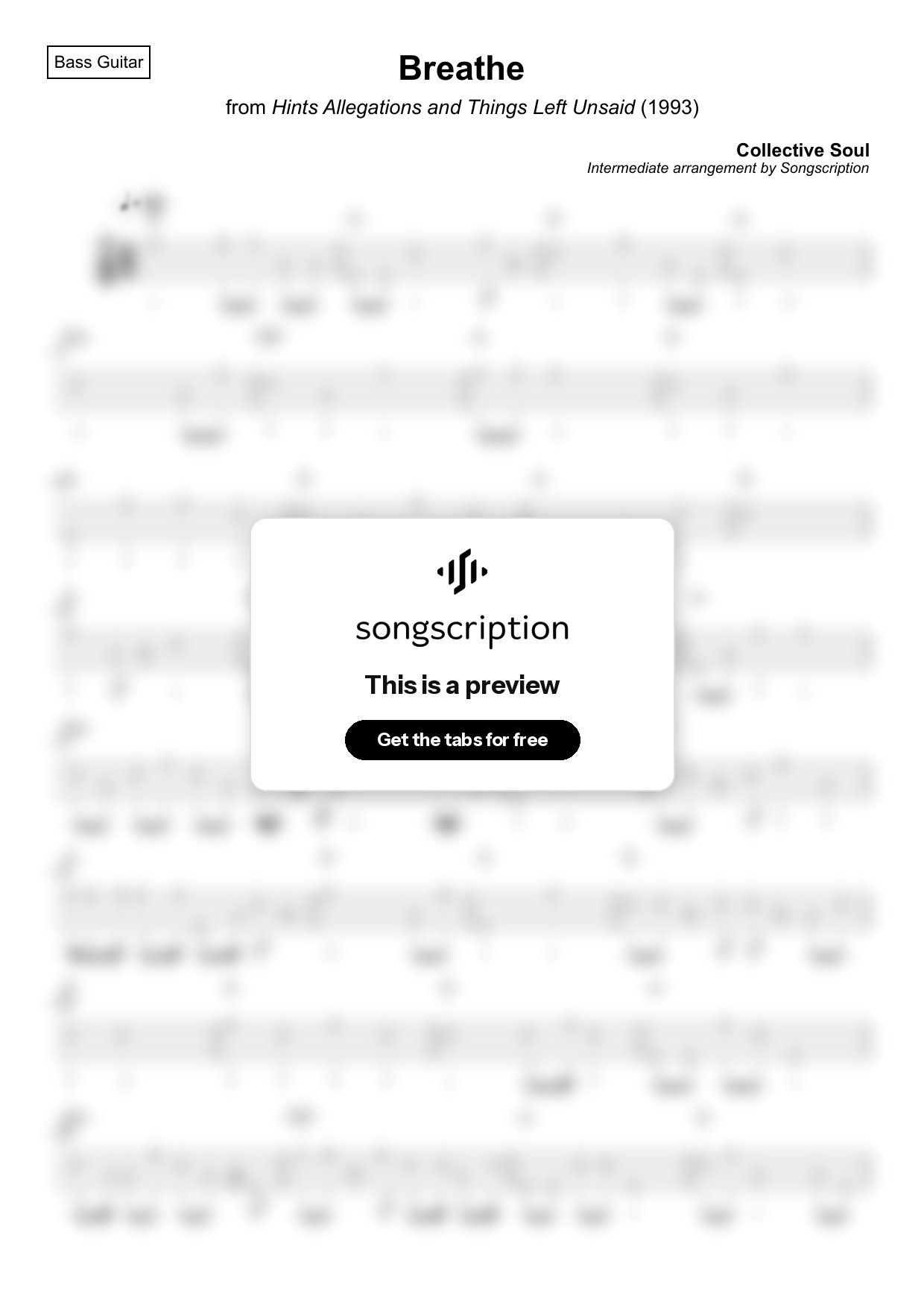 Intermediate Bass Guitar Tabs for "Breathe" by Collective Soul