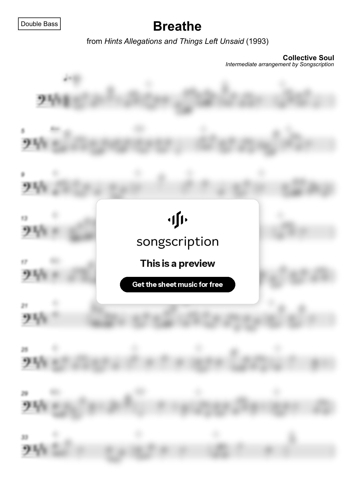 Intermediate Double Bass Sheet Music for "Breathe" by Collective Soul