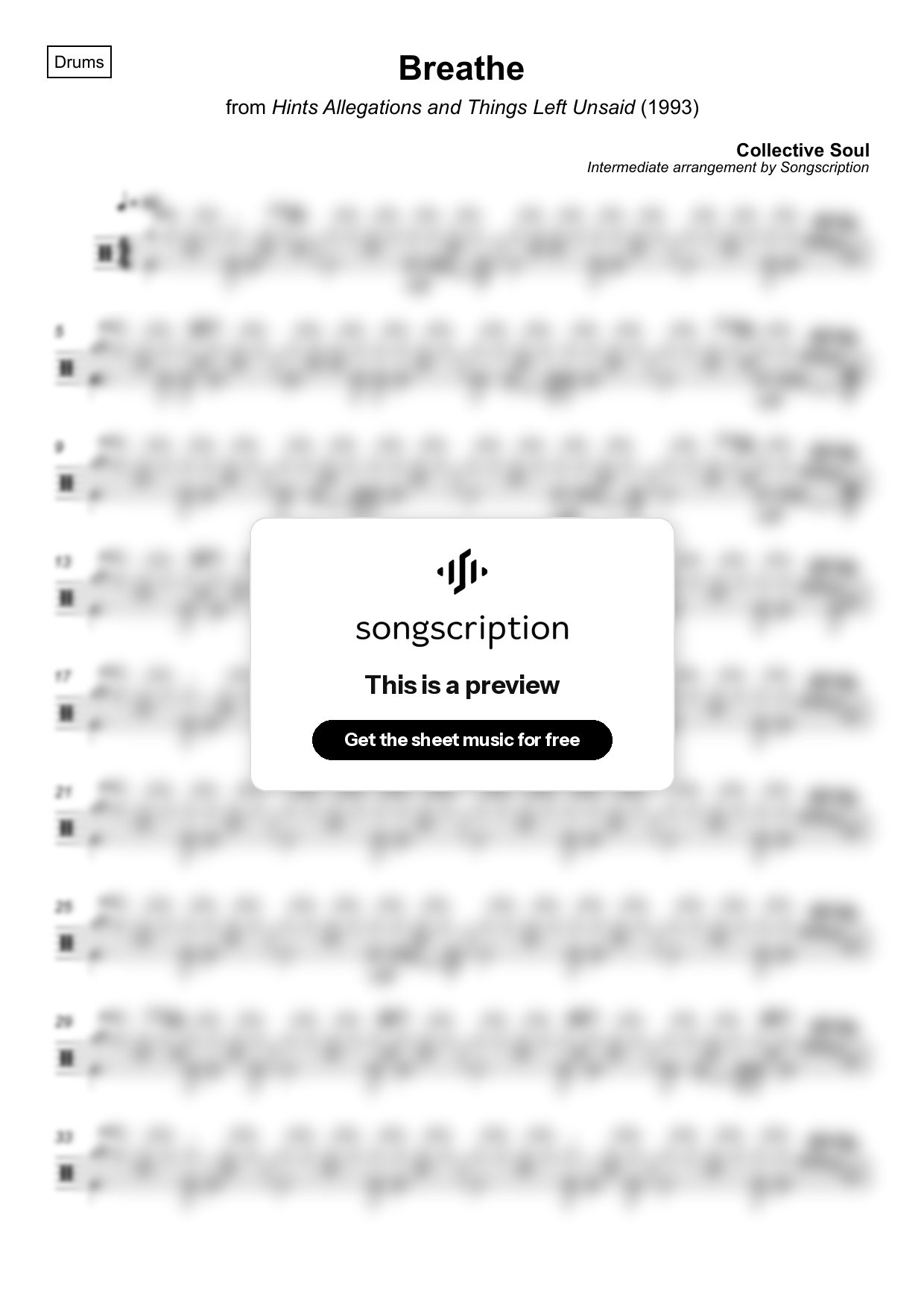 Intermediate Drums Sheet Music for "Breathe" by Collective Soul