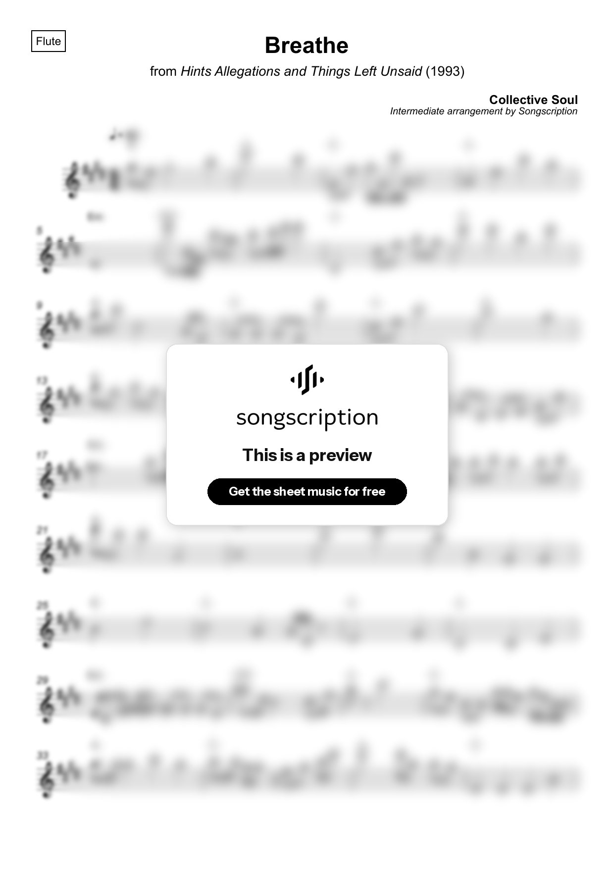 Intermediate Flute Sheet Music for "Breathe" by Collective Soul